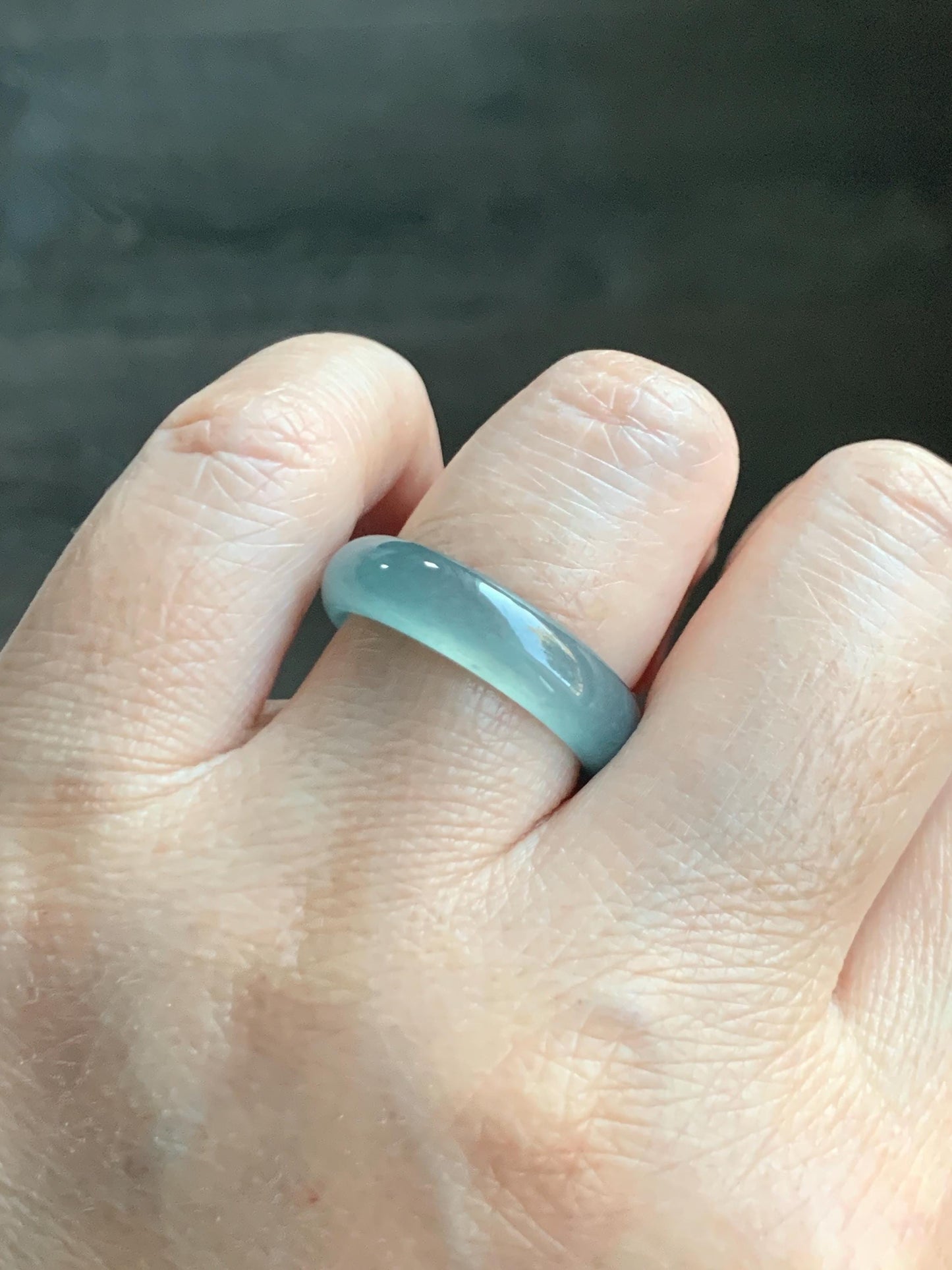 Natural Grade A Guatemalan Icy Translucent Dusty Teal Blue Jade Jadeite Wide Band Ring Comfort Fit Size 7.25 US 天然冰胶危蓝绿翡翠揭阳工戒圈 KWL330D