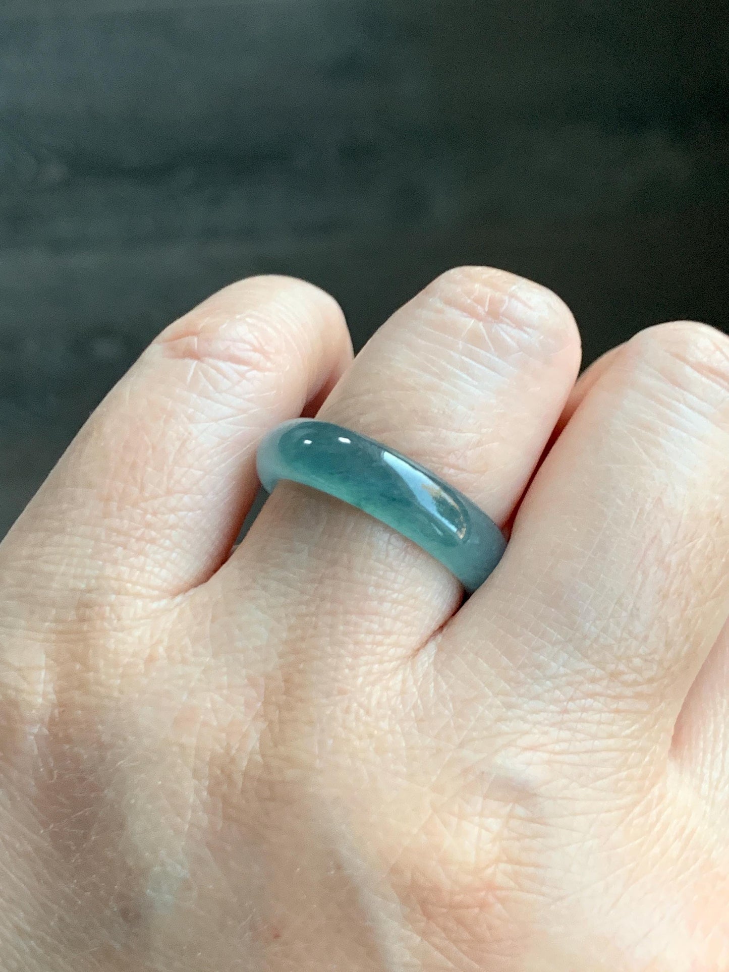 Natural Grade A Guatemalan Icy Translucent Dusty Teal Blue Jade Jadeite Wide Band Ring Comfort Fit Size 7.25 US 天然冰胶危蓝绿翡翠揭阳工戒圈 KWL330D