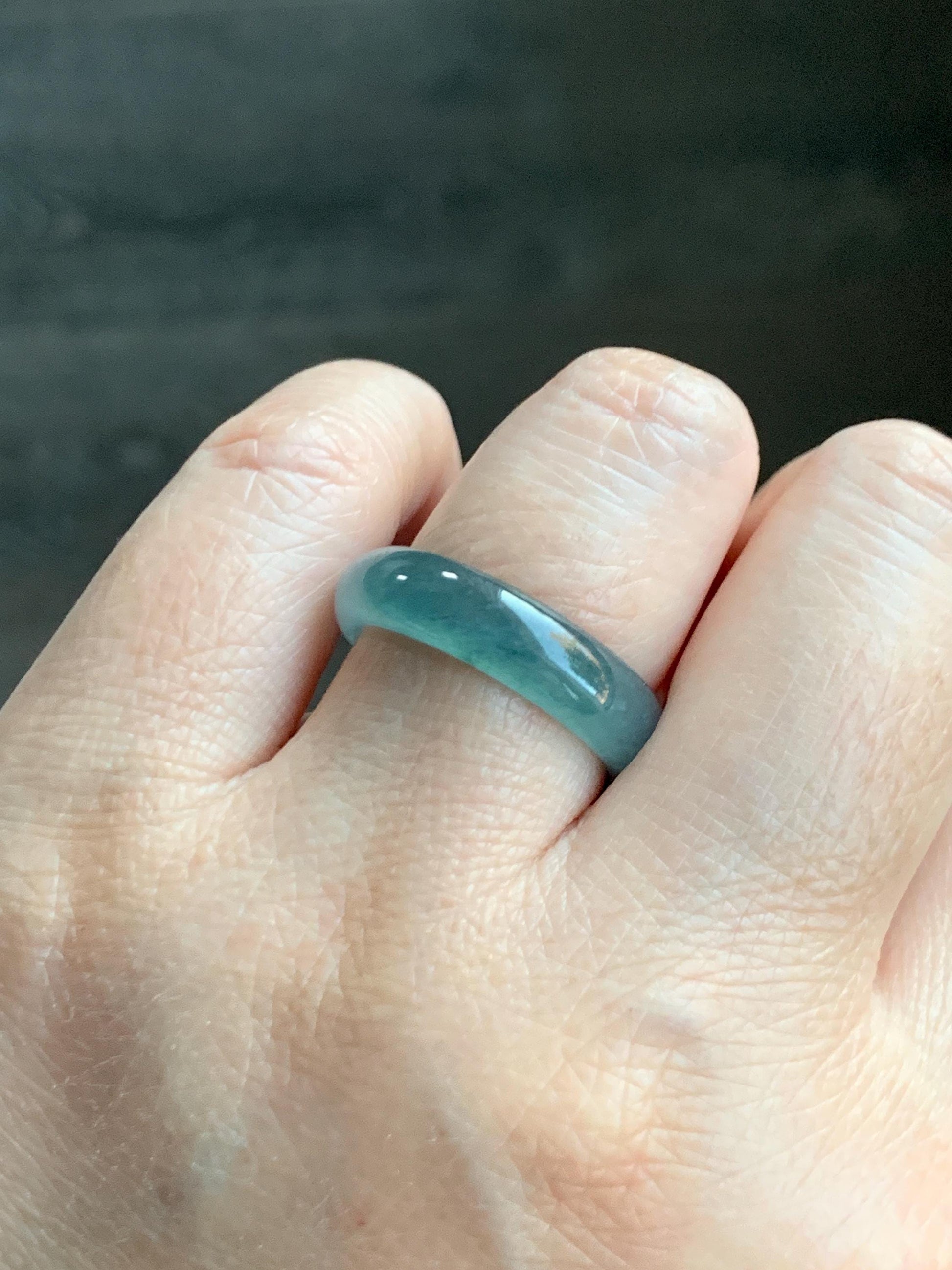 Natural Grade A Guatemalan Icy Translucent Dusty Teal Blue Jade Jadeite Wide Band Ring Comfort Fit Size 7.25 US 天然冰胶危蓝绿翡翠揭阳工戒圈 KWL330D