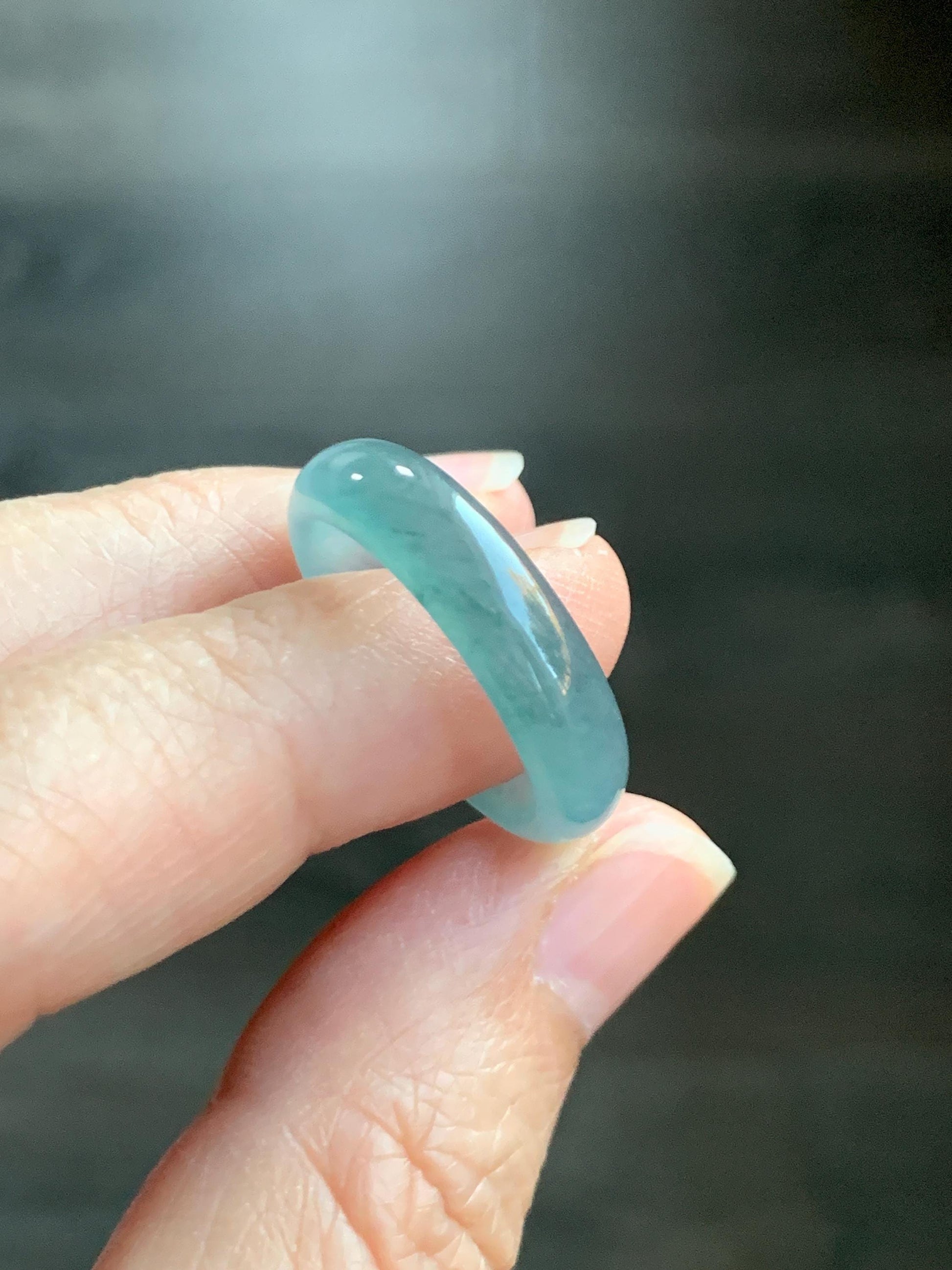 Natural Grade A Guatemalan Icy Translucent Dusty Teal Blue Jade Jadeite Wide Band Ring Comfort Fit Size 7.25 US 天然冰胶危蓝绿翡翠揭阳工戒圈 KWL330D