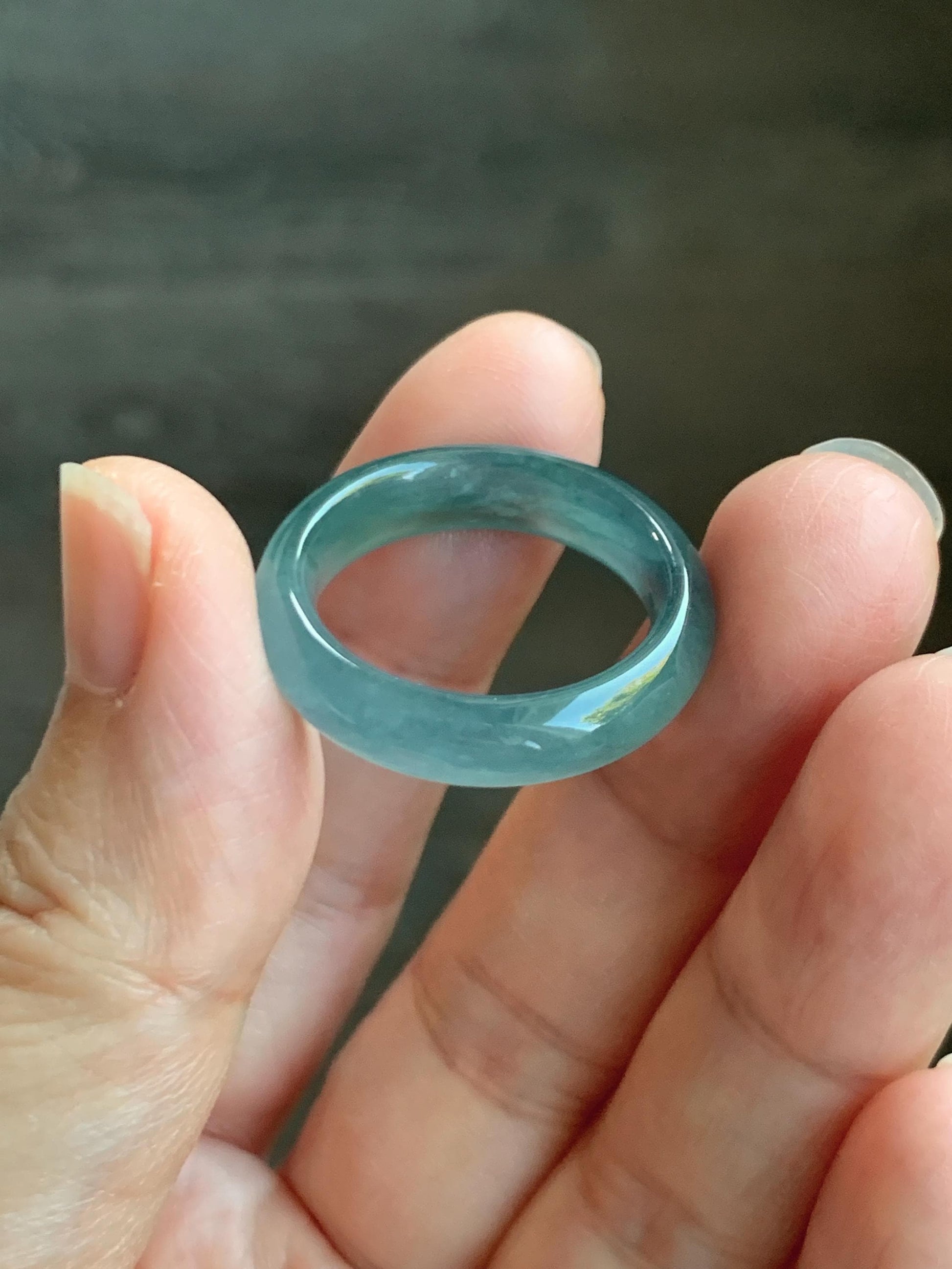 Natural Grade A Guatemalan Icy Translucent Dark Teal Blue Jade Jadeite Wide Band Ring Comfort Fit Size 9.75 US 天然冰胶危蓝绿翡翠揭阳工戒圈 KWL330C