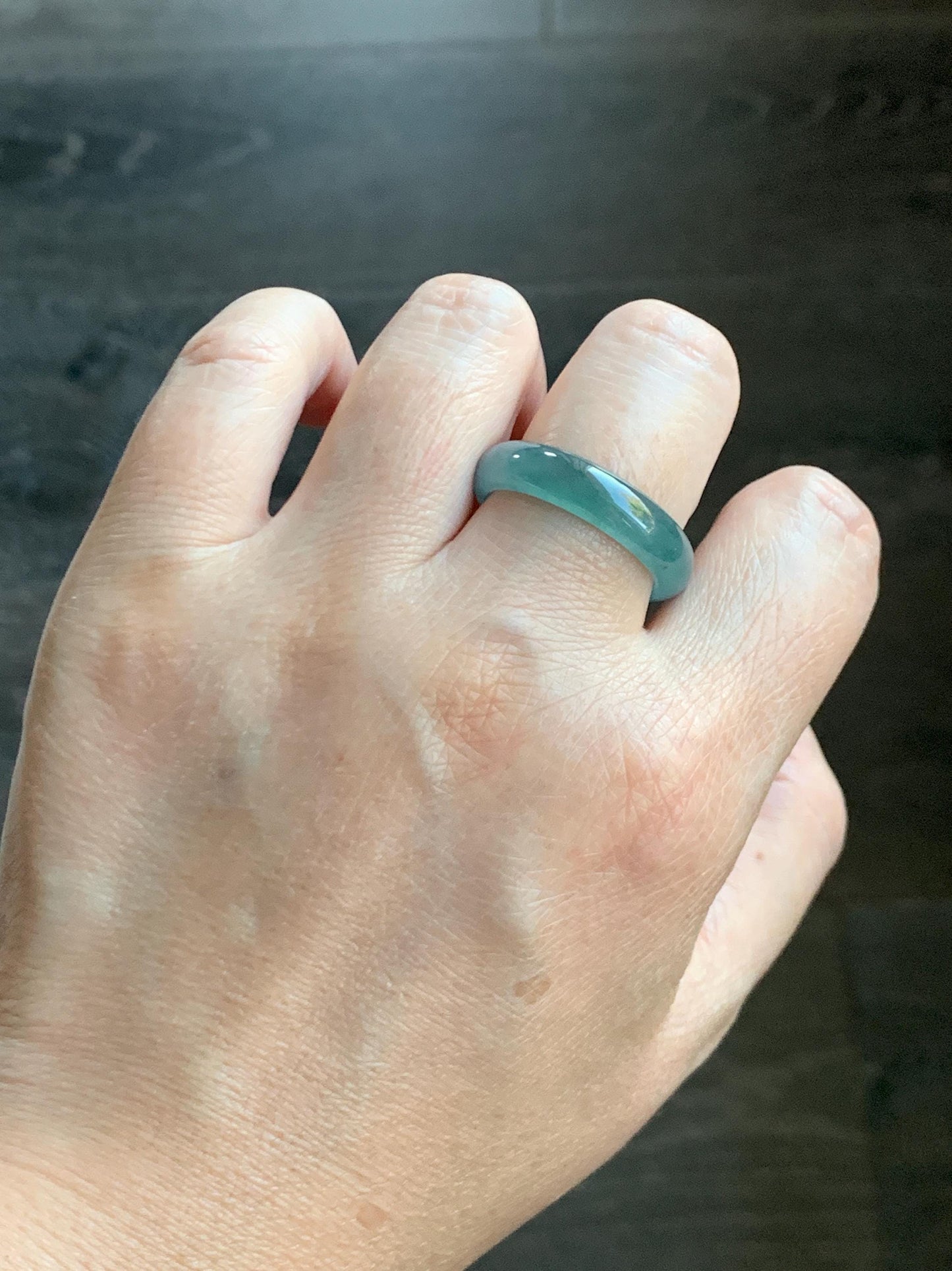 Natural Grade A Guatemalan Icy Translucent Dark Teal Blue Jade Jadeite Wide Band Ring Comfort Fit Size 9.75 US 天然冰胶危蓝绿翡翠揭阳工戒圈 KWL330C