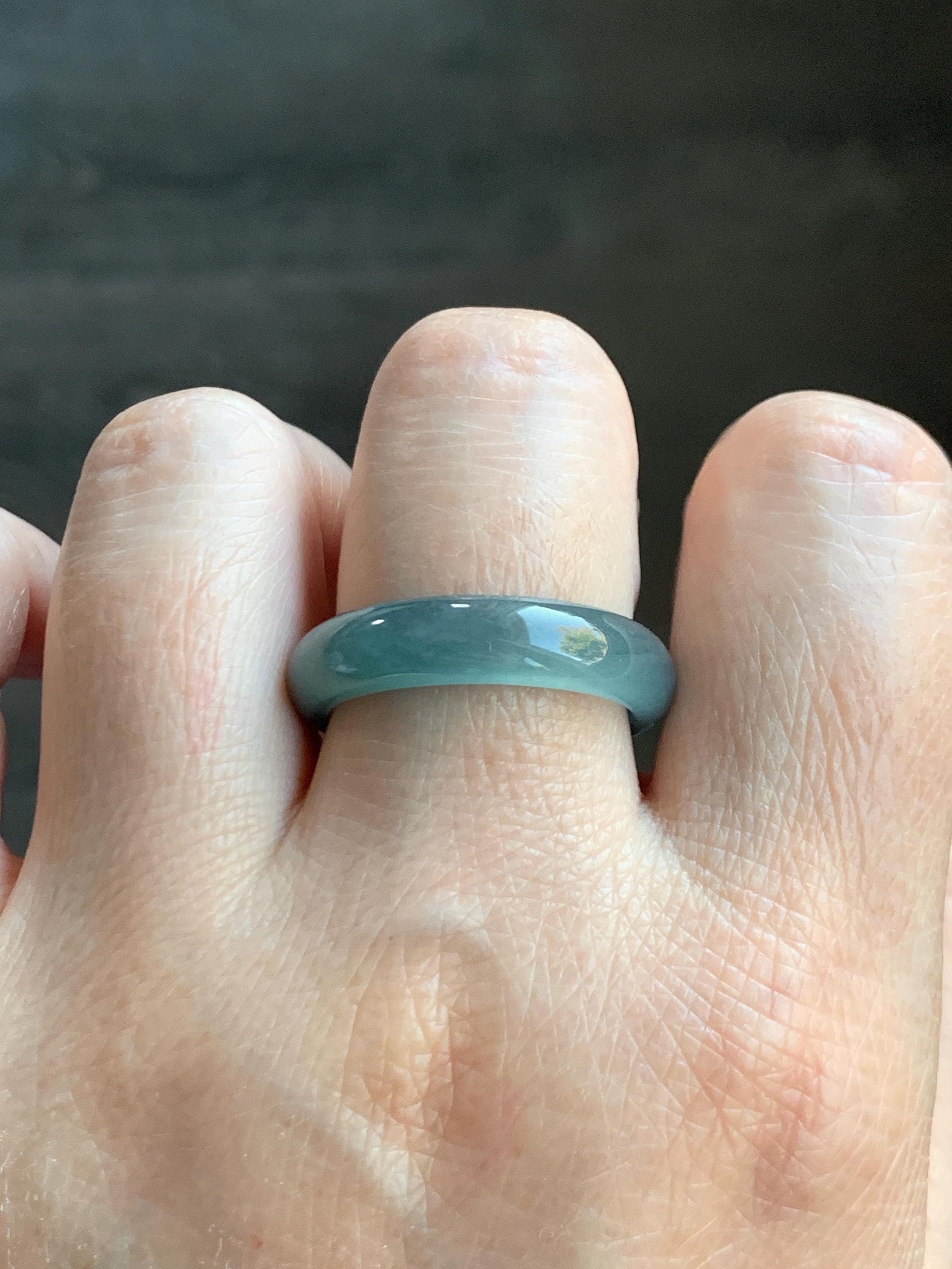 Natural Grade A Guatemalan Icy Translucent Dark Teal Blue Jade Jadeite Wide Band Ring Comfort Fit Size 9.75 US 天然冰胶危蓝绿翡翠揭阳工戒圈 KWL330C