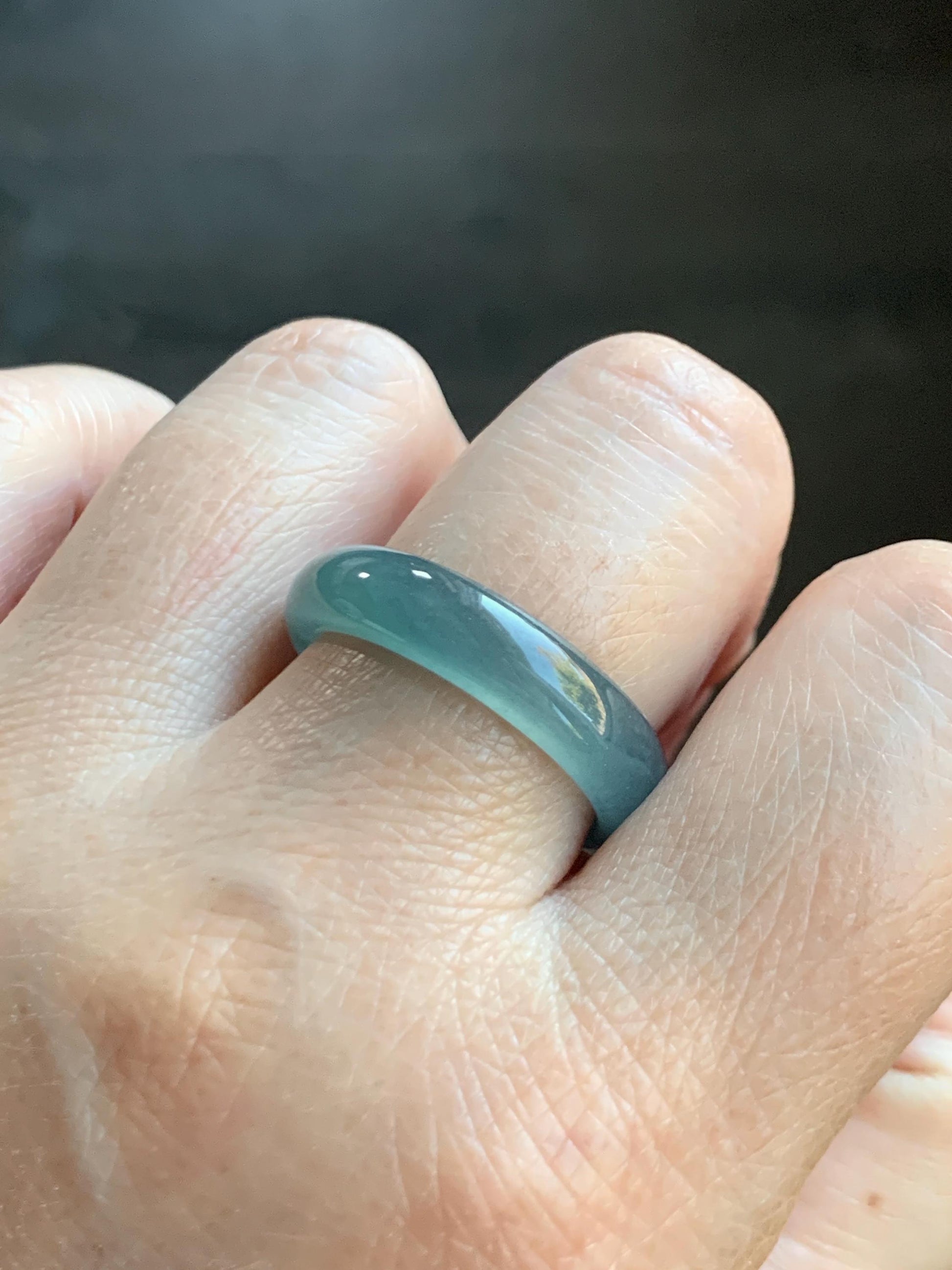 Natural Grade A Guatemalan Icy Translucent Dark Teal Blue Jade Jadeite Wide Band Ring Comfort Fit Size 9.75 US 天然冰胶危蓝绿翡翠揭阳工戒圈 KWL330C