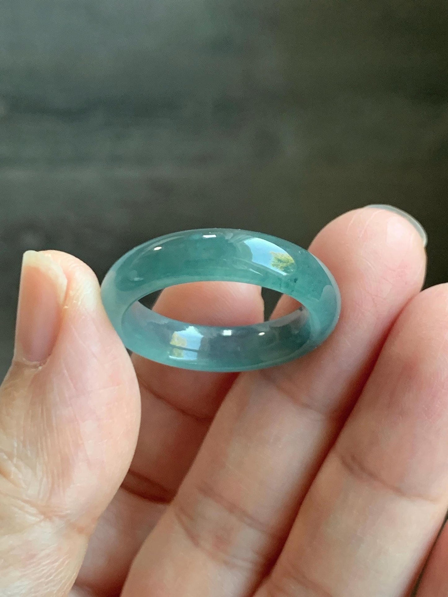 Natural Grade A Guatemalan Icy Translucent Dark Teal Blue Jade Jadeite Wide Band Ring Comfort Fit Size 9.75 US 天然冰胶危蓝绿翡翠揭阳工戒圈 KWL330C