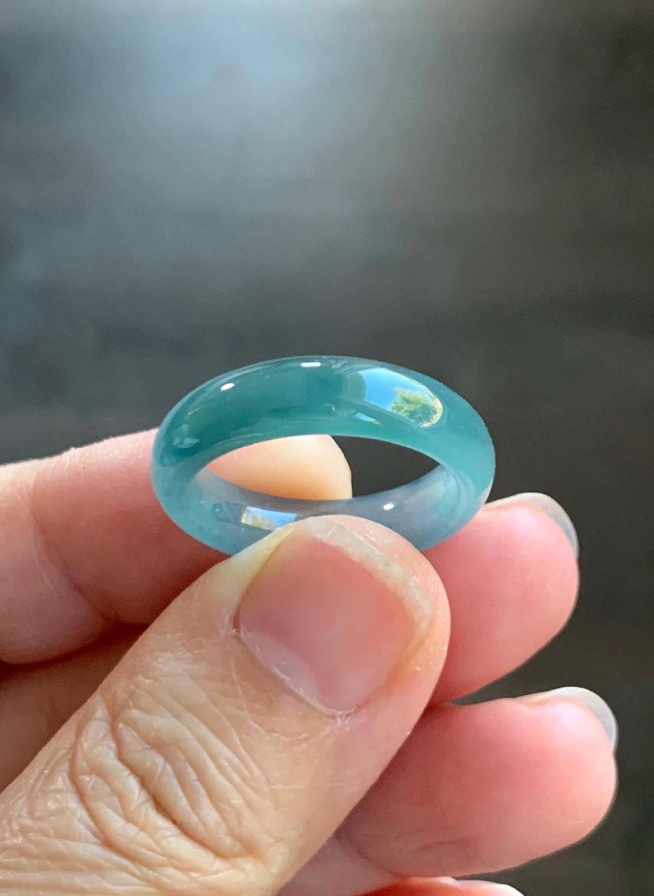 Natural Grade A Guatemalan Icy Translucent Bicolored Teal Blue Jade Jadeite Wide Band Ring Comfort Fit Size 7.75 US 天然冰胶危蓝绿翡翠揭阳工戒圈 KWL330B