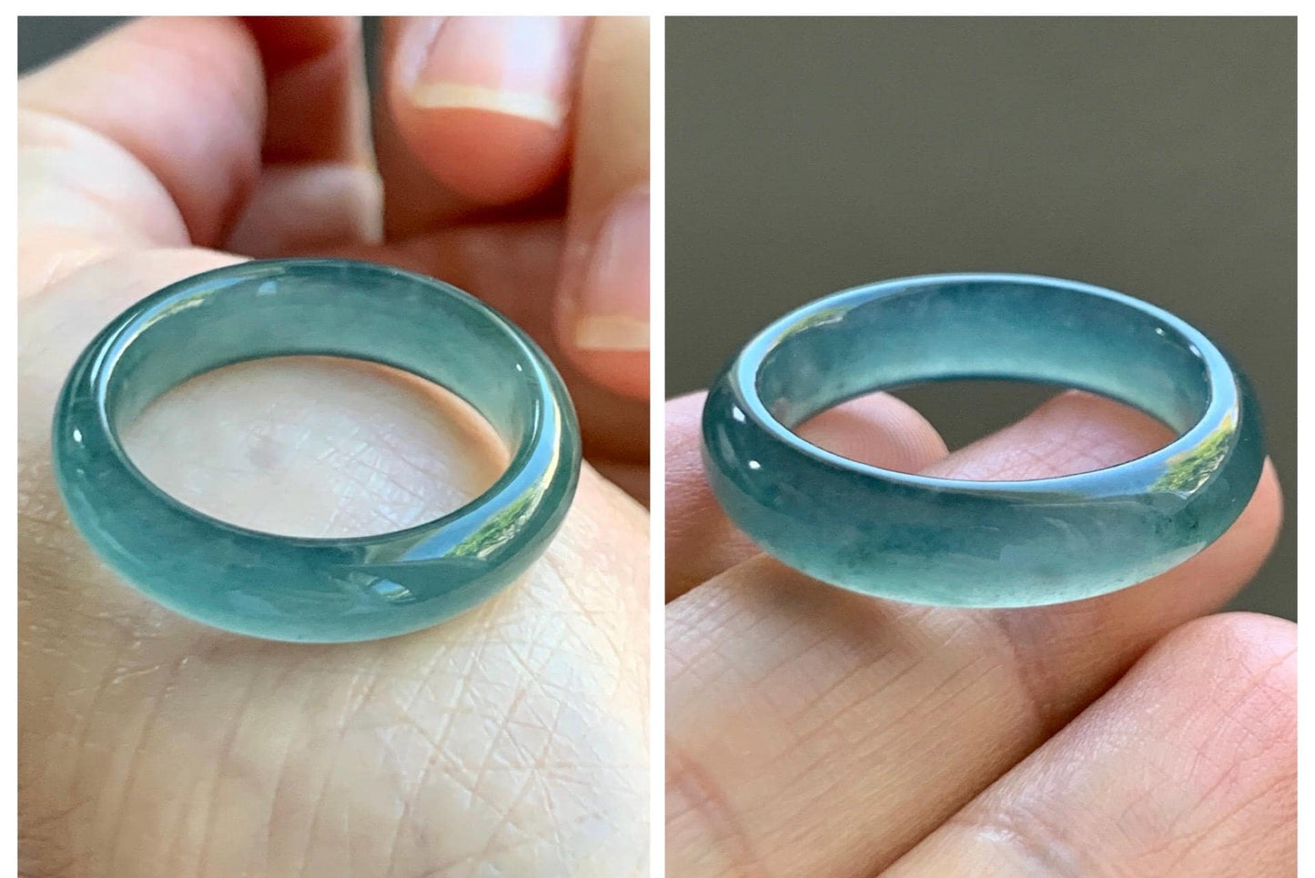 Natural Grade A Guatemalan Icy Translucent Dark Teal Blue Jade Jadeite Wide Band Ring Comfort Fit Size 9.75 US 天然冰胶危蓝绿翡翠揭阳工戒圈 KWL330A