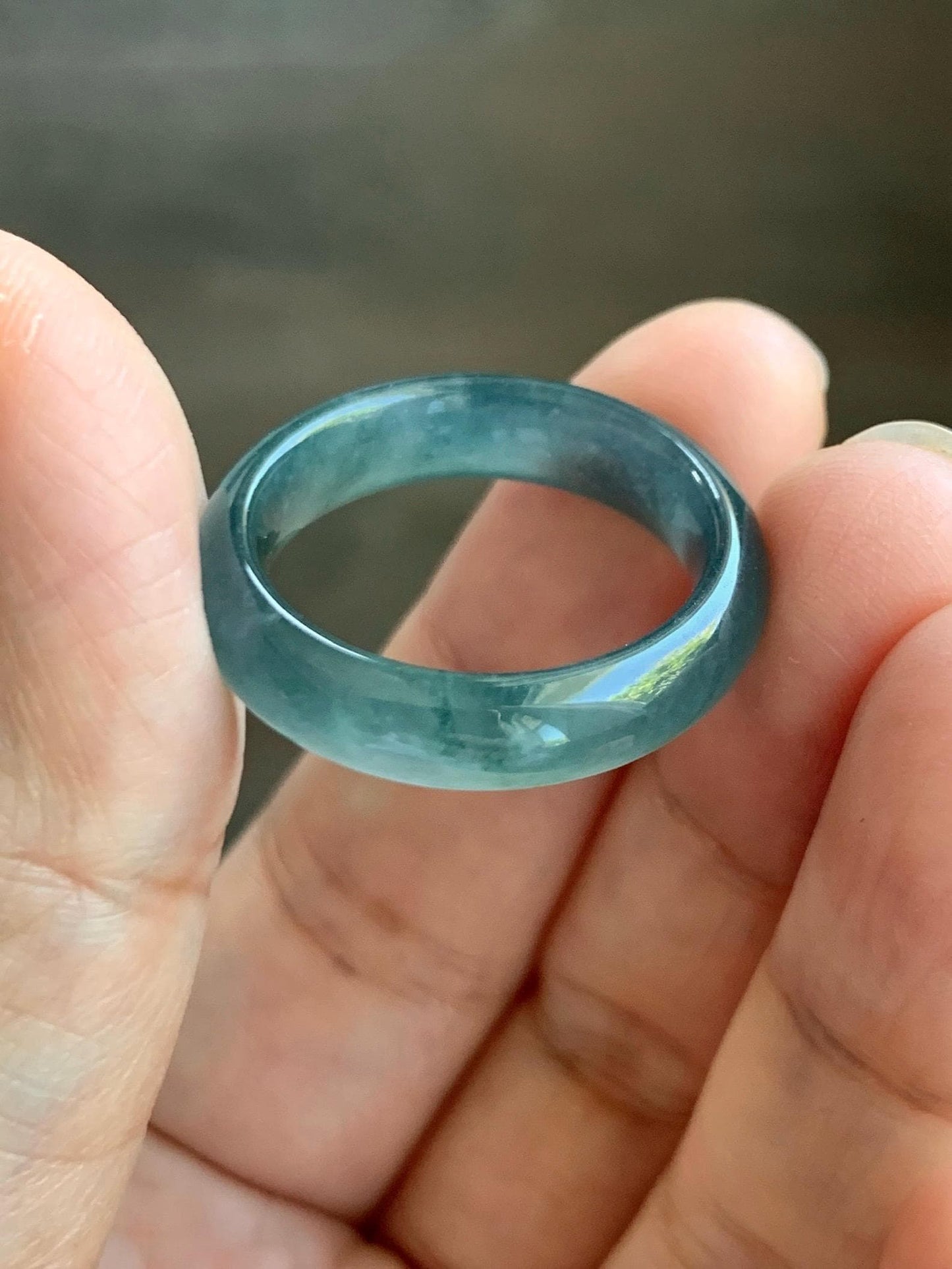 Natural Grade A Guatemalan Icy Translucent Dark Teal Blue Jade Jadeite Wide Band Ring Comfort Fit Size 9.75 US 天然冰胶危蓝绿翡翠揭阳工戒圈 KWL330A