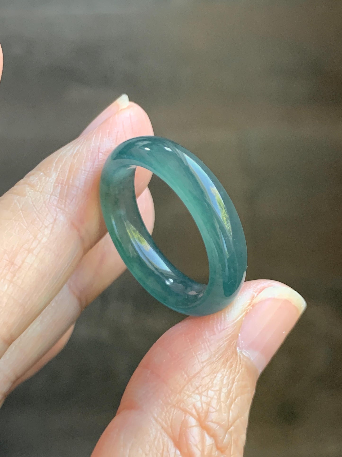 Natural Grade A Guatemalan Icy Translucent Dark Teal Blue Jade Jadeite Wide Band Ring Comfort Fit Size 9.75 US 天然冰胶危蓝绿翡翠揭阳工戒圈 KWL330A
