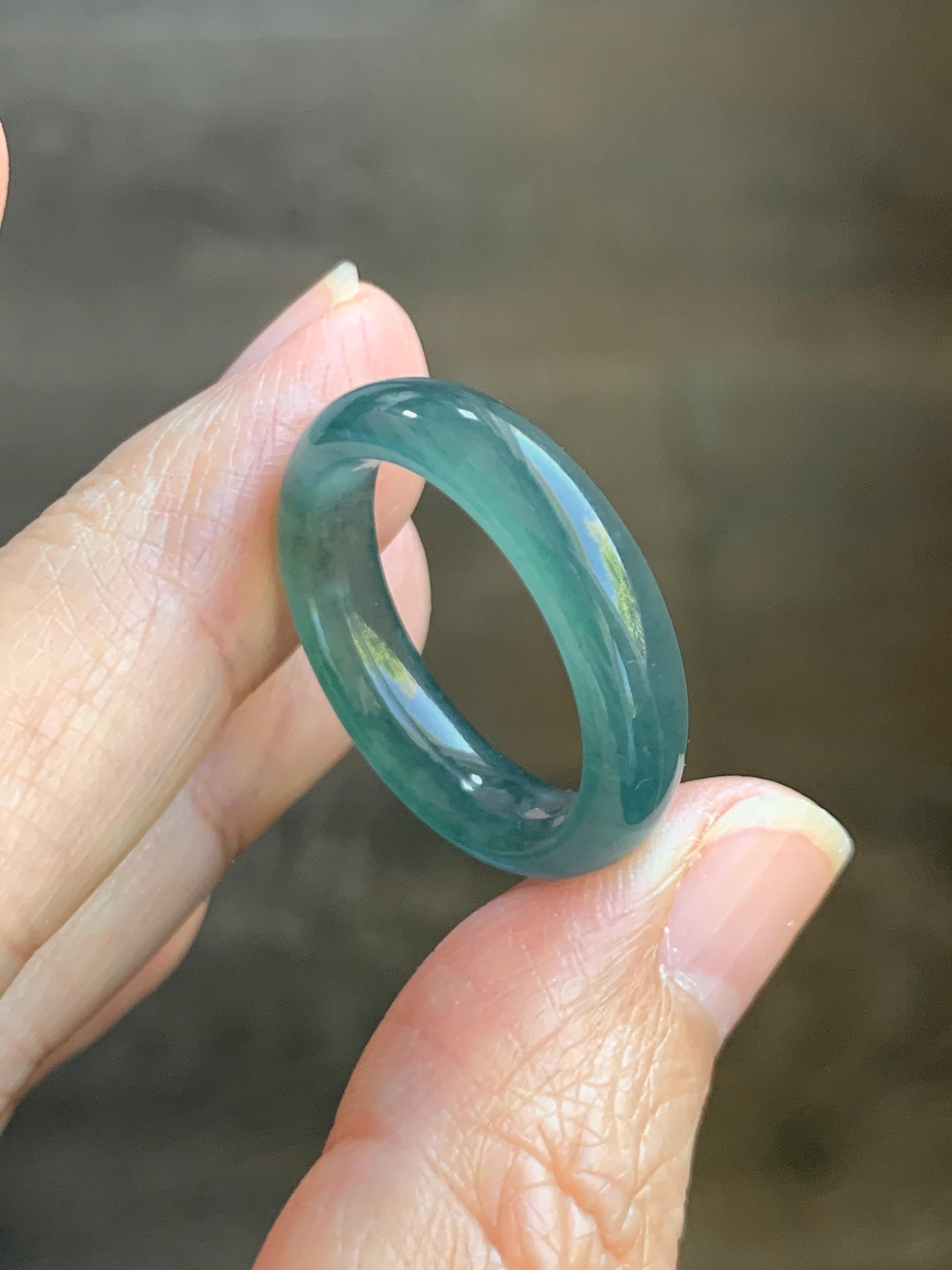 Natural Grade A Guatemalan Icy Translucent Dark Teal Blue Jade Jadeite Wide Band Ring Comfort Fit Size 9.75 US 天然冰胶危蓝绿翡翠揭阳工戒圈 KWL330A