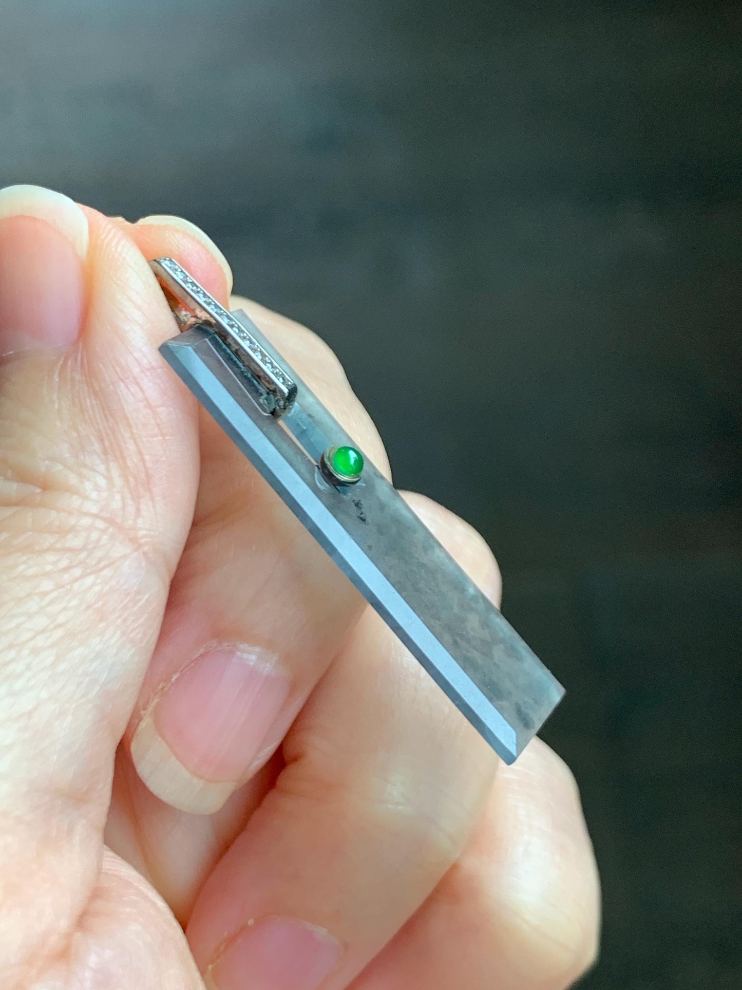 Natural Grade A Guatemalan Icy Highly Translucent Wuji Jade Jadeite Elongated Rectangle Pendant Sterling Silver 天然冰危乌鸡翡翠无事牌镶嵌吊坠 BWP165