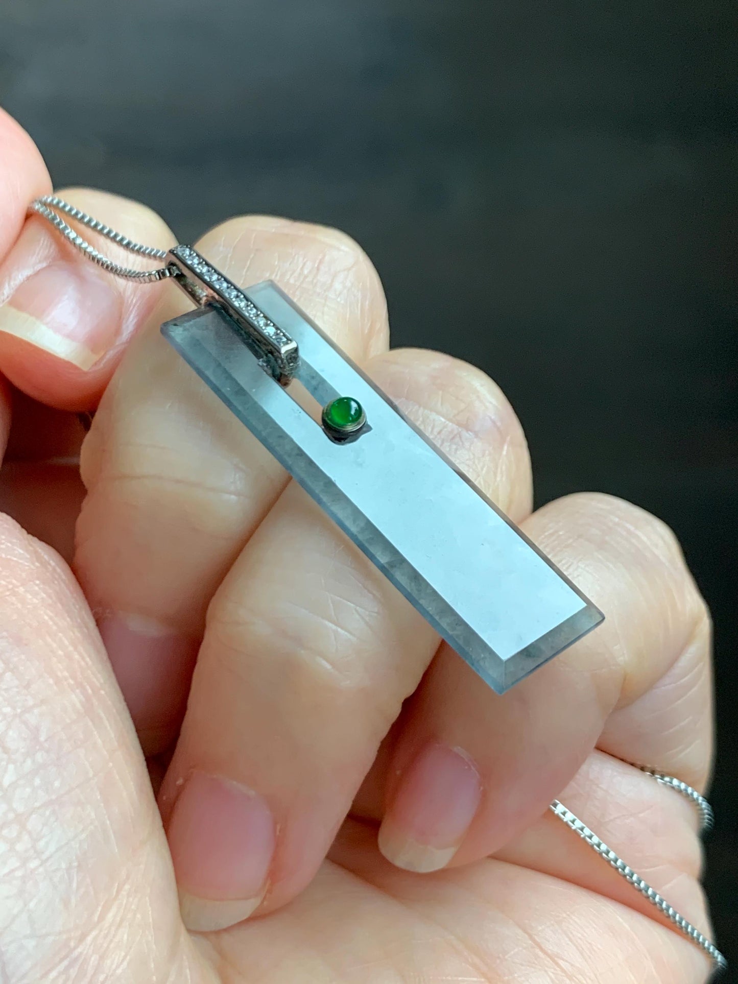 Natural Grade A Guatemalan Icy Highly Translucent Wuji Jade Jadeite Elongated Rectangle Pendant Sterling Silver 天然冰危乌鸡翡翠无事牌镶嵌吊坠 BWP165