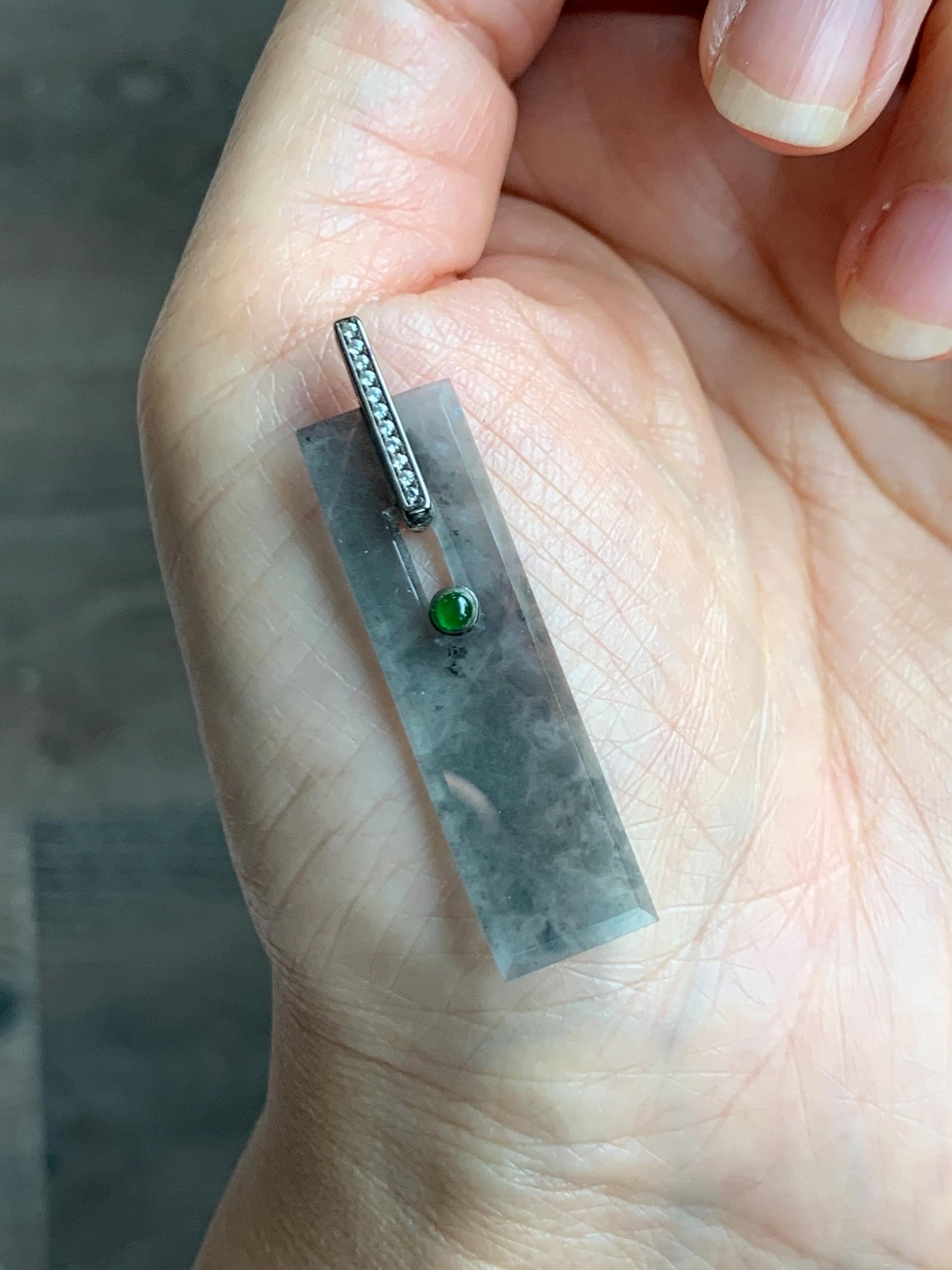 Natural Grade A Guatemalan Icy Highly Translucent Wuji Jade Jadeite Elongated Rectangle Pendant Sterling Silver 天然冰危乌鸡翡翠无事牌镶嵌吊坠 BWP165