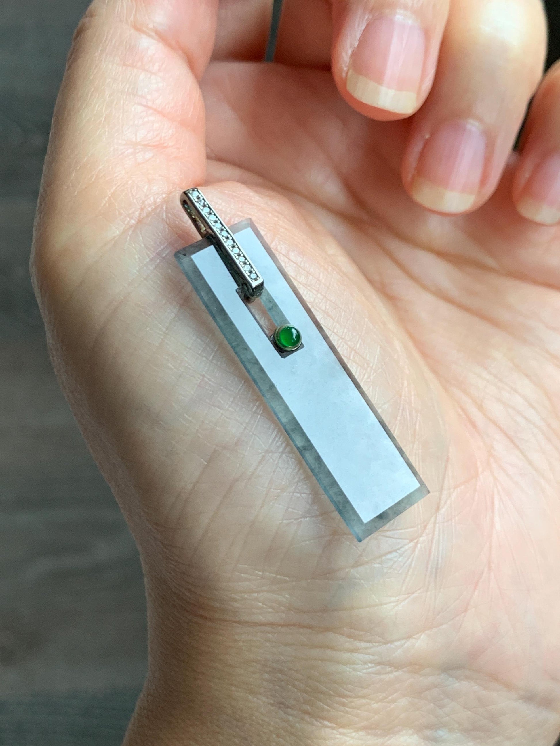 Natural Grade A Guatemalan Icy Highly Translucent Wuji Jade Jadeite Elongated Rectangle Pendant Sterling Silver 天然冰危乌鸡翡翠无事牌镶嵌吊坠 BWP165