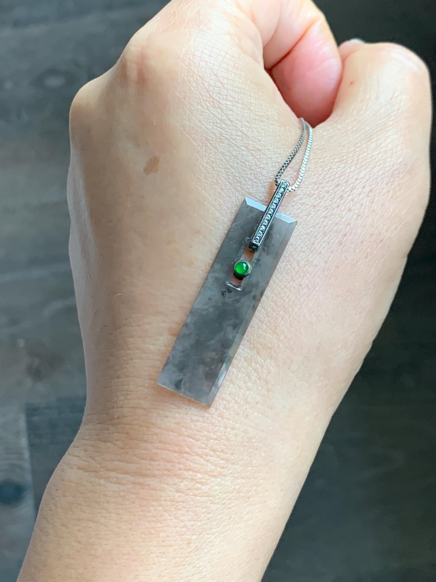 Natural Grade A Guatemalan Icy Highly Translucent Wuji Jade Jadeite Elongated Rectangle Pendant Sterling Silver 天然冰危乌鸡翡翠无事牌镶嵌吊坠 BWP165