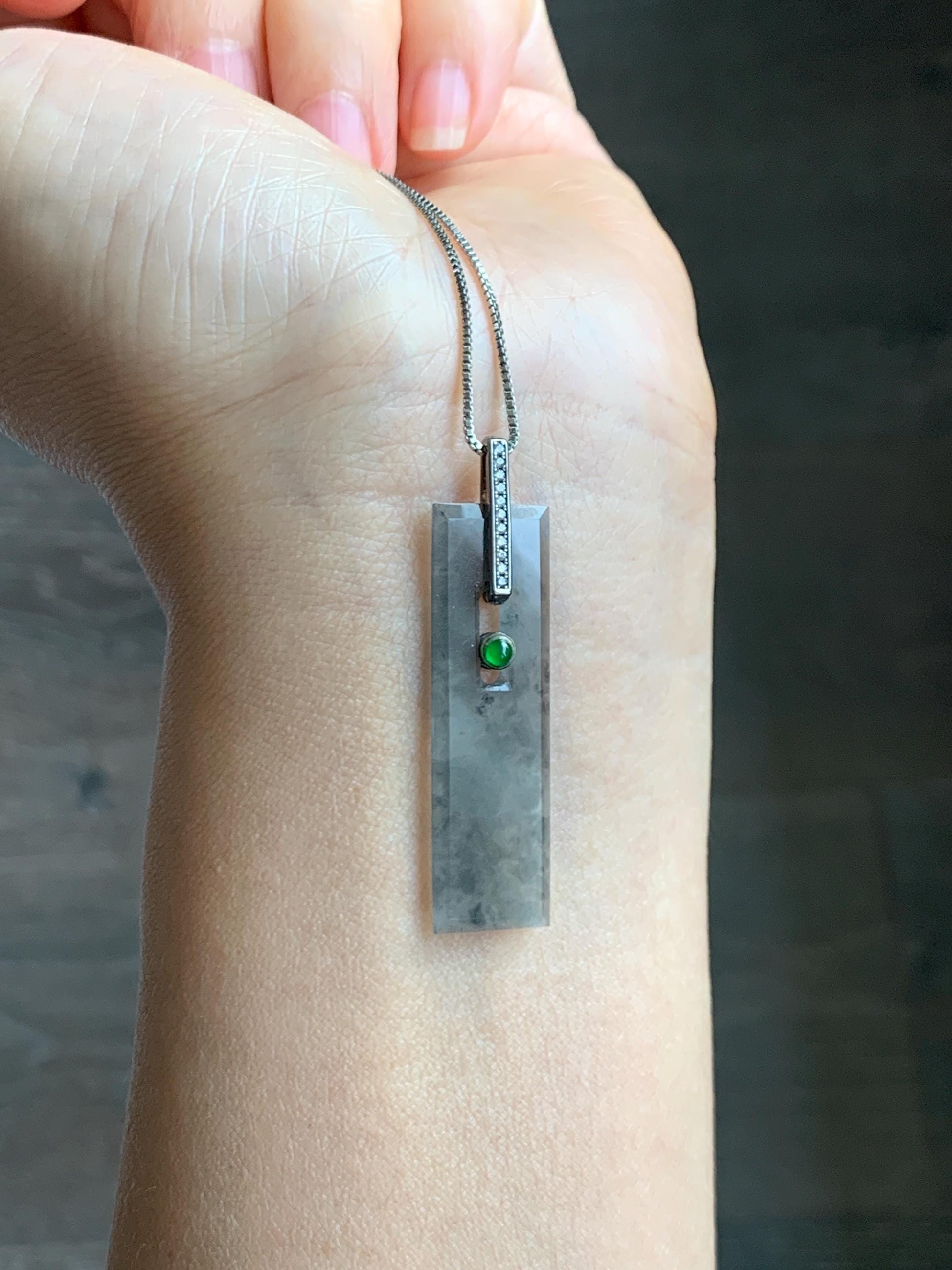 Natural Grade A Guatemalan Icy Highly Translucent Wuji Jade Jadeite Elongated Rectangle Pendant Sterling Silver 天然冰危乌鸡翡翠无事牌镶嵌吊坠 BWP165