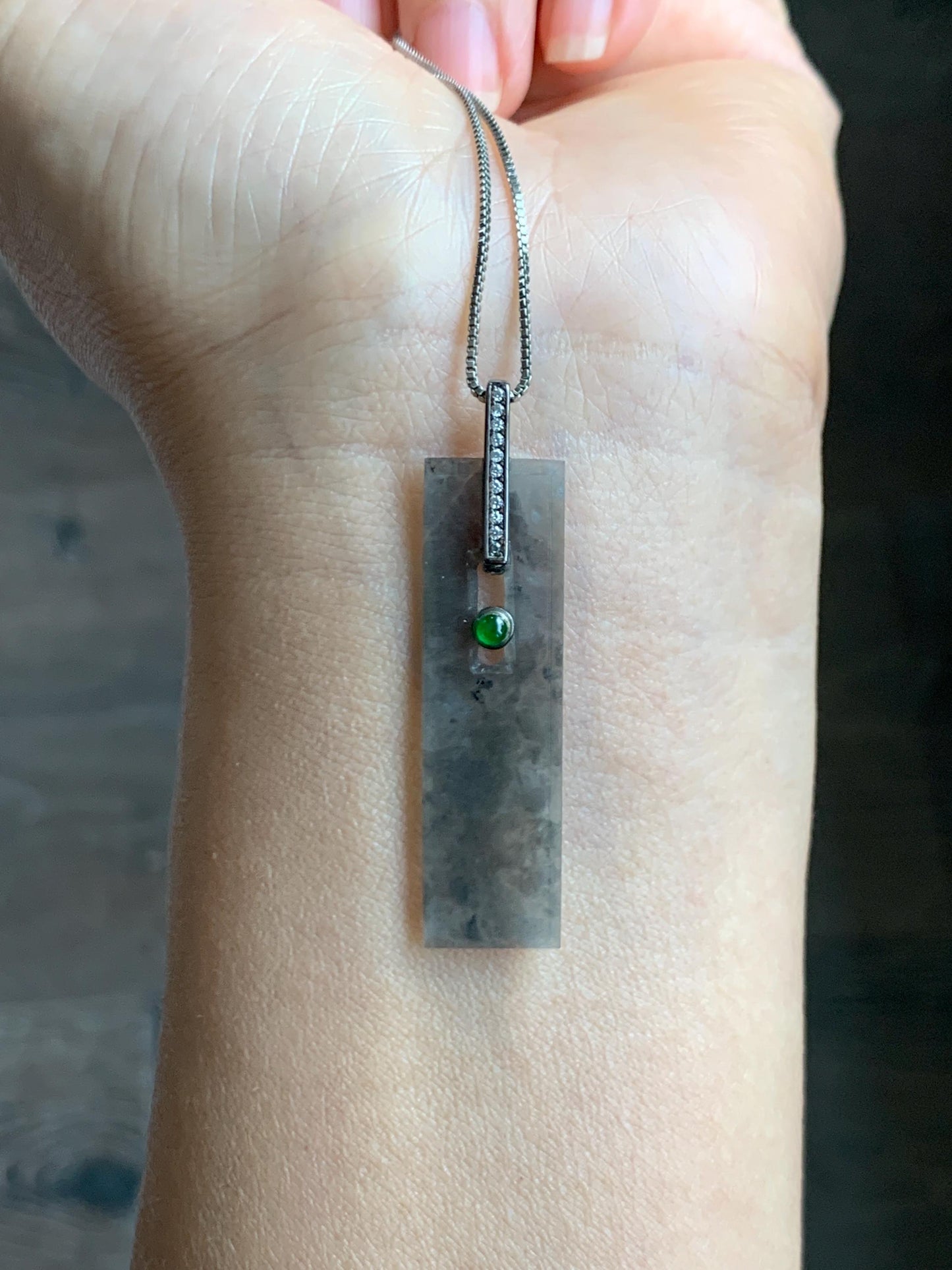 Natural Grade A Guatemalan Icy Highly Translucent Wuji Jade Jadeite Elongated Rectangle Pendant Sterling Silver 天然冰危乌鸡翡翠无事牌镶嵌吊坠 BWP165