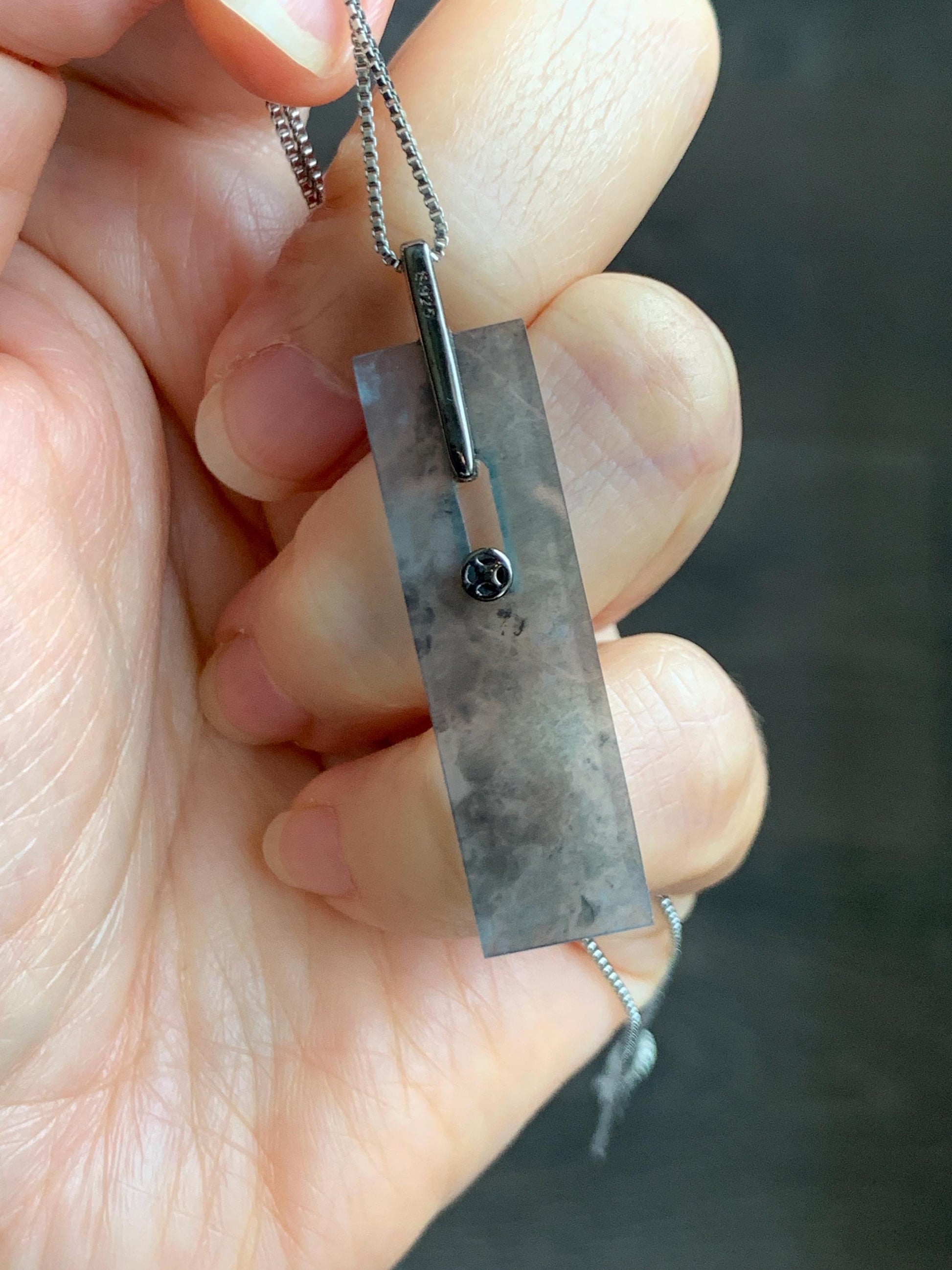 Natural Grade A Guatemalan Icy Highly Translucent Wuji Jade Jadeite Elongated Rectangle Pendant Sterling Silver 天然冰危乌鸡翡翠无事牌镶嵌吊坠 BWP165