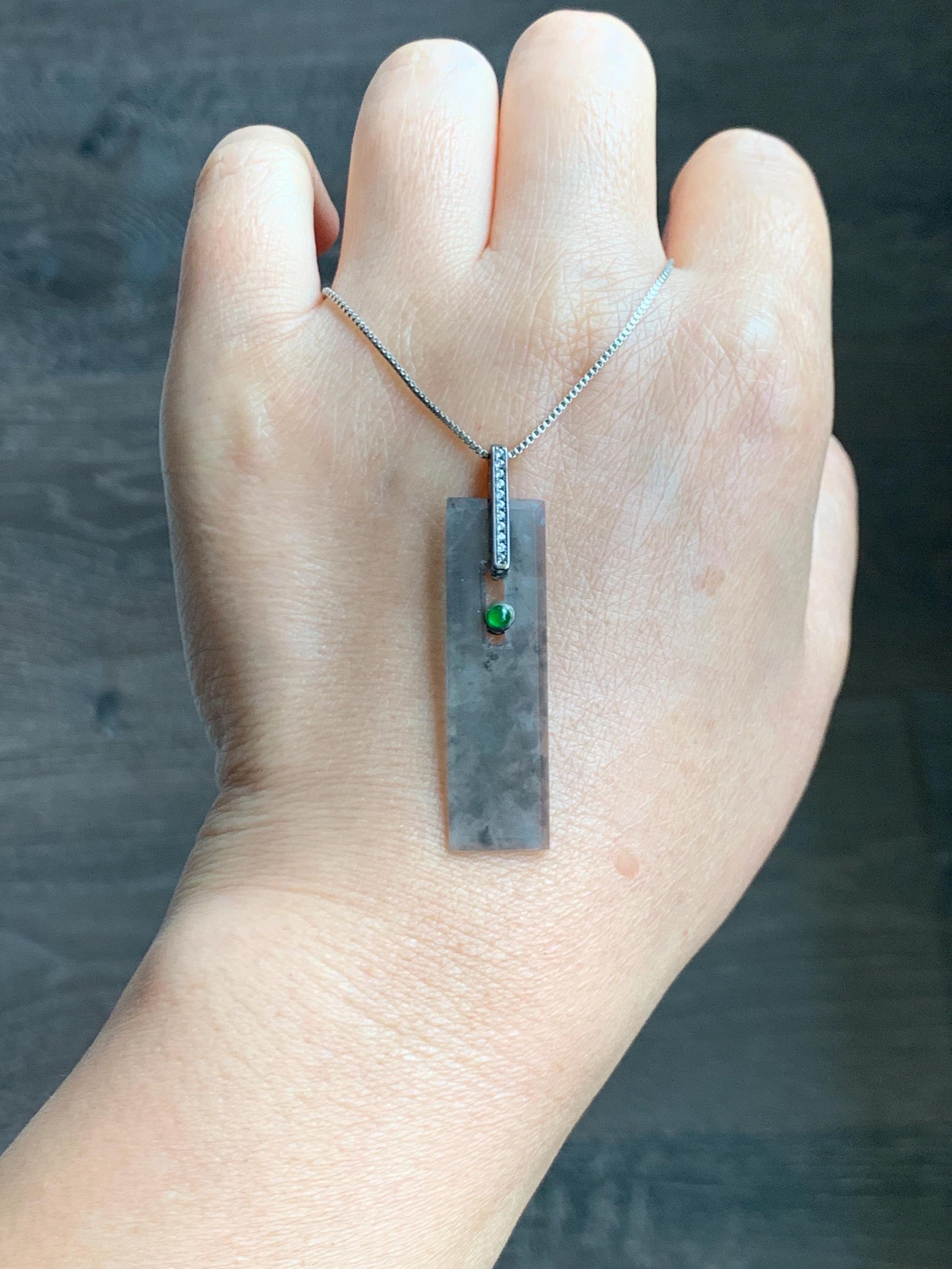 Natural Grade A Guatemalan Icy Highly Translucent Wuji Jade Jadeite Elongated Rectangle Pendant Sterling Silver 天然冰危乌鸡翡翠无事牌镶嵌吊坠 BWP165