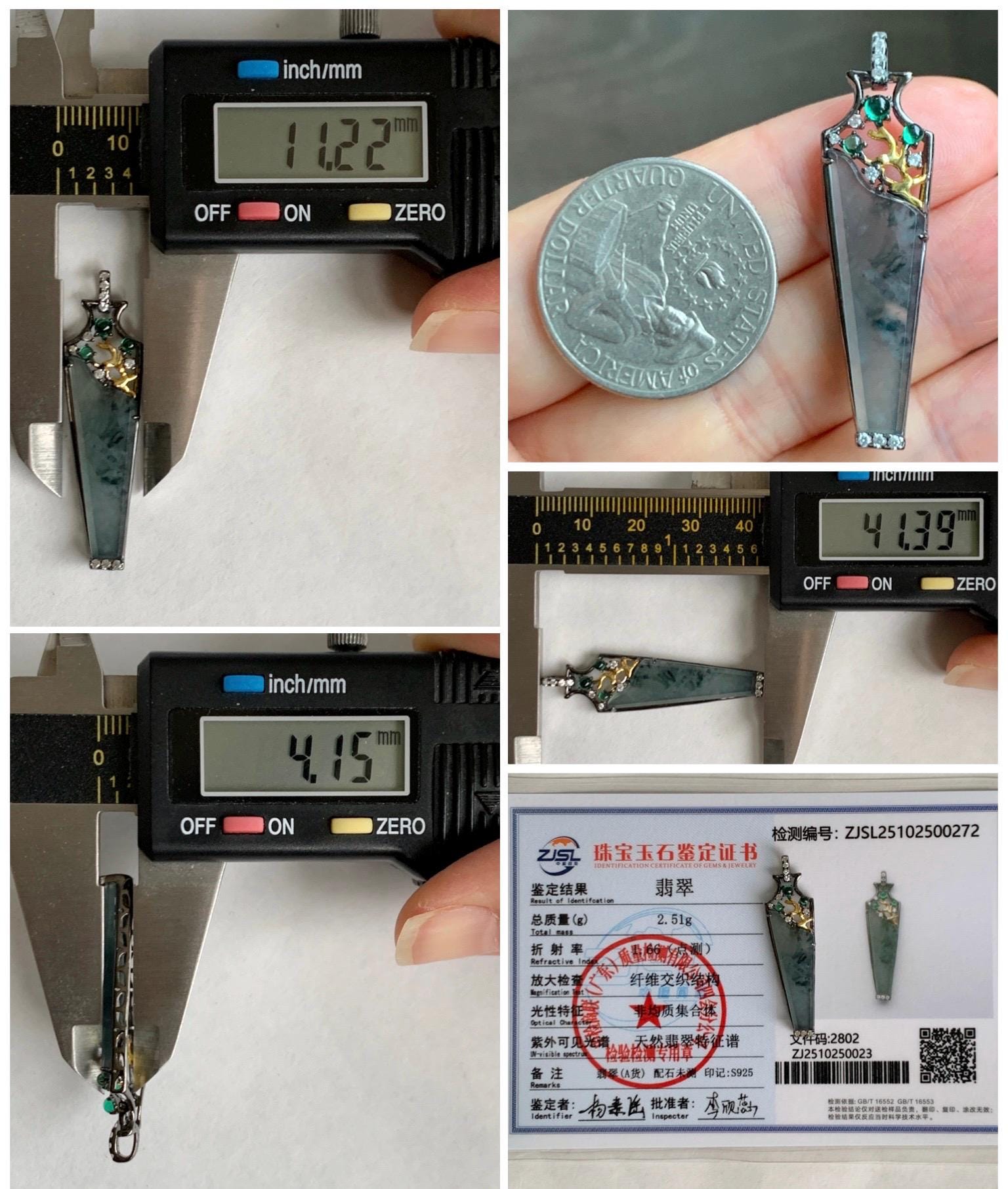 Certified Natural Grade A Guatemalan Icy Highly Translucent Wuji Jade Jadeite Wu Shi Pai Vase Pendant Sterling Silver 天然冰胶危乌鸡翡翠无事牌镶嵌花瓶吊坠 272