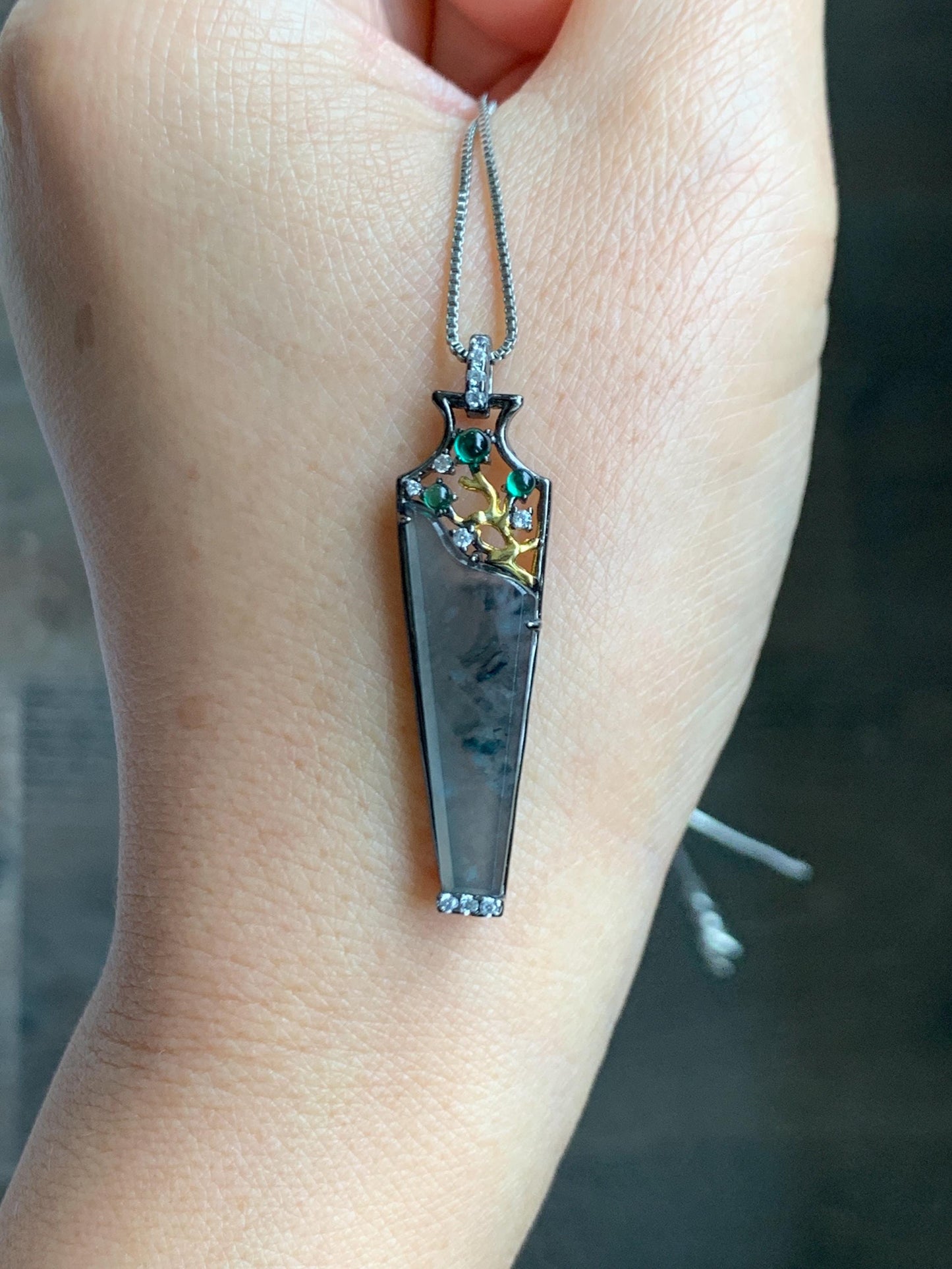 Certified Natural Grade A Guatemalan Icy Highly Translucent Wuji Jade Jadeite Wu Shi Pai Vase Pendant Sterling Silver 天然冰胶危乌鸡翡翠无事牌镶嵌花瓶吊坠 272