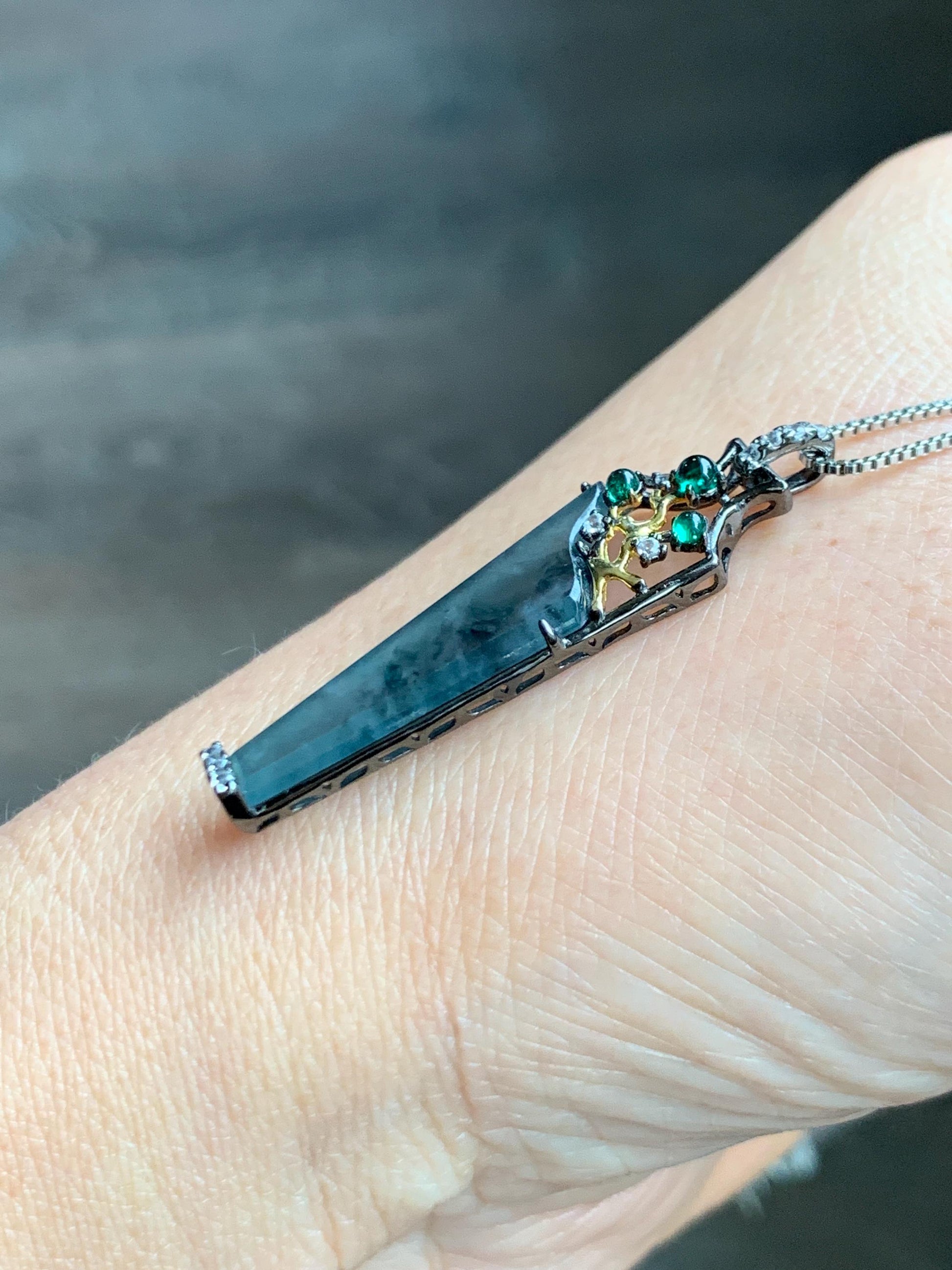 Certified Natural Grade A Guatemalan Icy Highly Translucent Wuji Jade Jadeite Wu Shi Pai Vase Pendant Sterling Silver 天然冰胶危乌鸡翡翠无事牌镶嵌花瓶吊坠 272