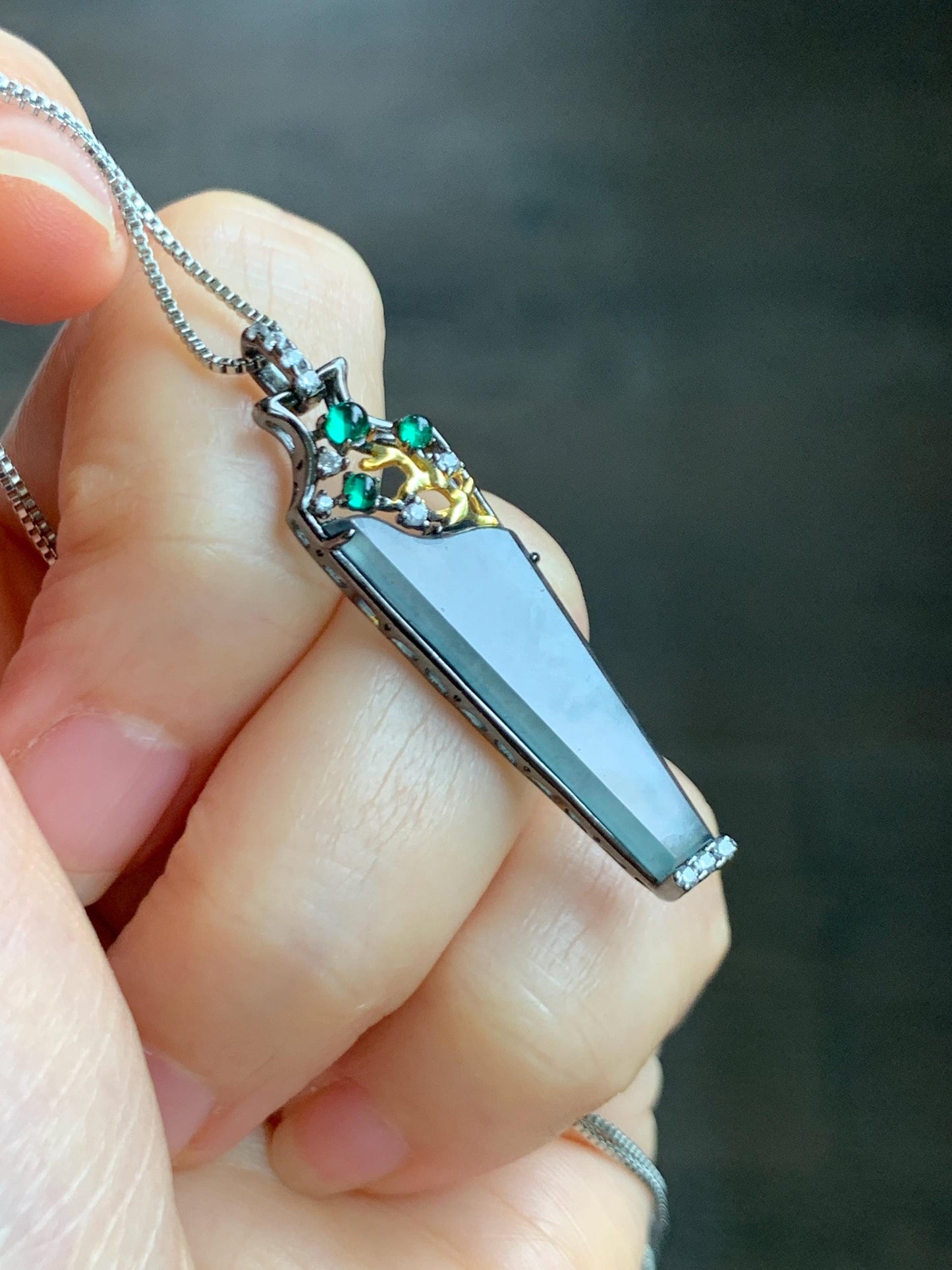 Certified Natural Grade A Guatemalan Icy Highly Translucent Wuji Jade Jadeite Wu Shi Pai Vase Pendant Sterling Silver 天然冰胶危乌鸡翡翠无事牌镶嵌花瓶吊坠 272