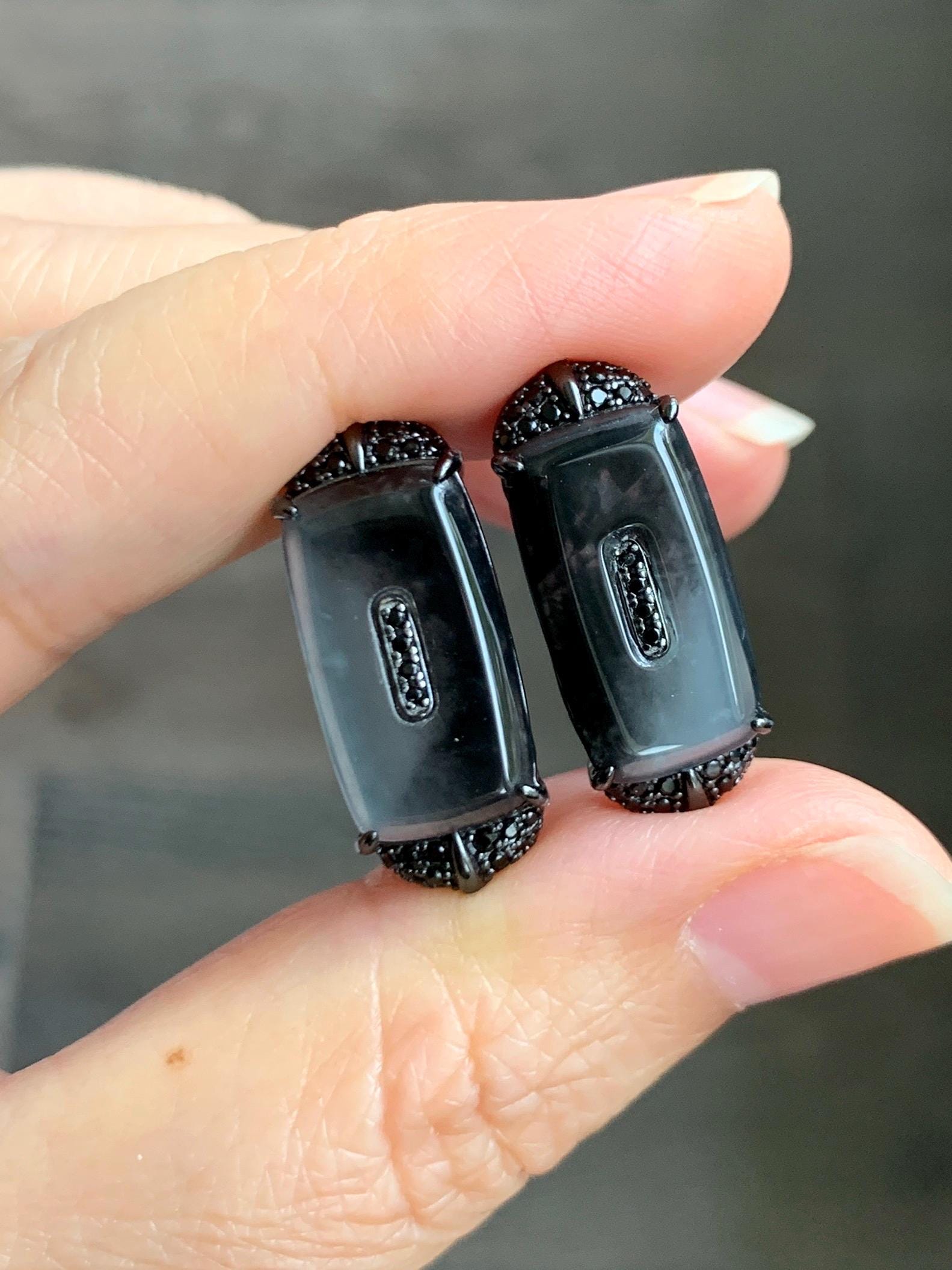 Certified Natural Grade A Guatemalan Icy Highly Translucent Wuji Jade Jadeite Earrings Omega Back Studs Sterling Silver 天然冰胶危乌鸡翡翠镶嵌耳环 273