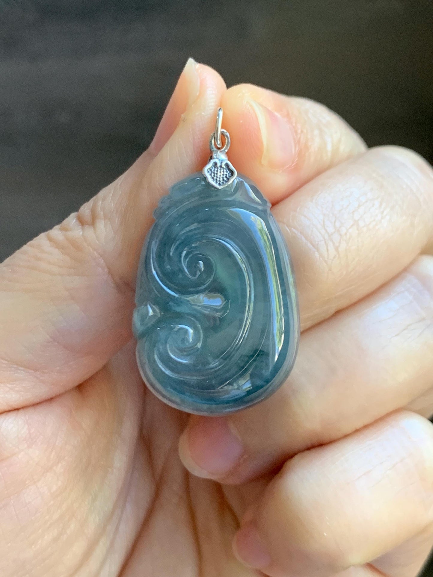 Natural Grade A Guatemalan Icy Highly Translucent Gelatinous Aegean Blue Jade Jadeite Ruyi Pendant Sterling Silver 天然冰胶危蓝紫翡翠如意吊坠 NJL330A