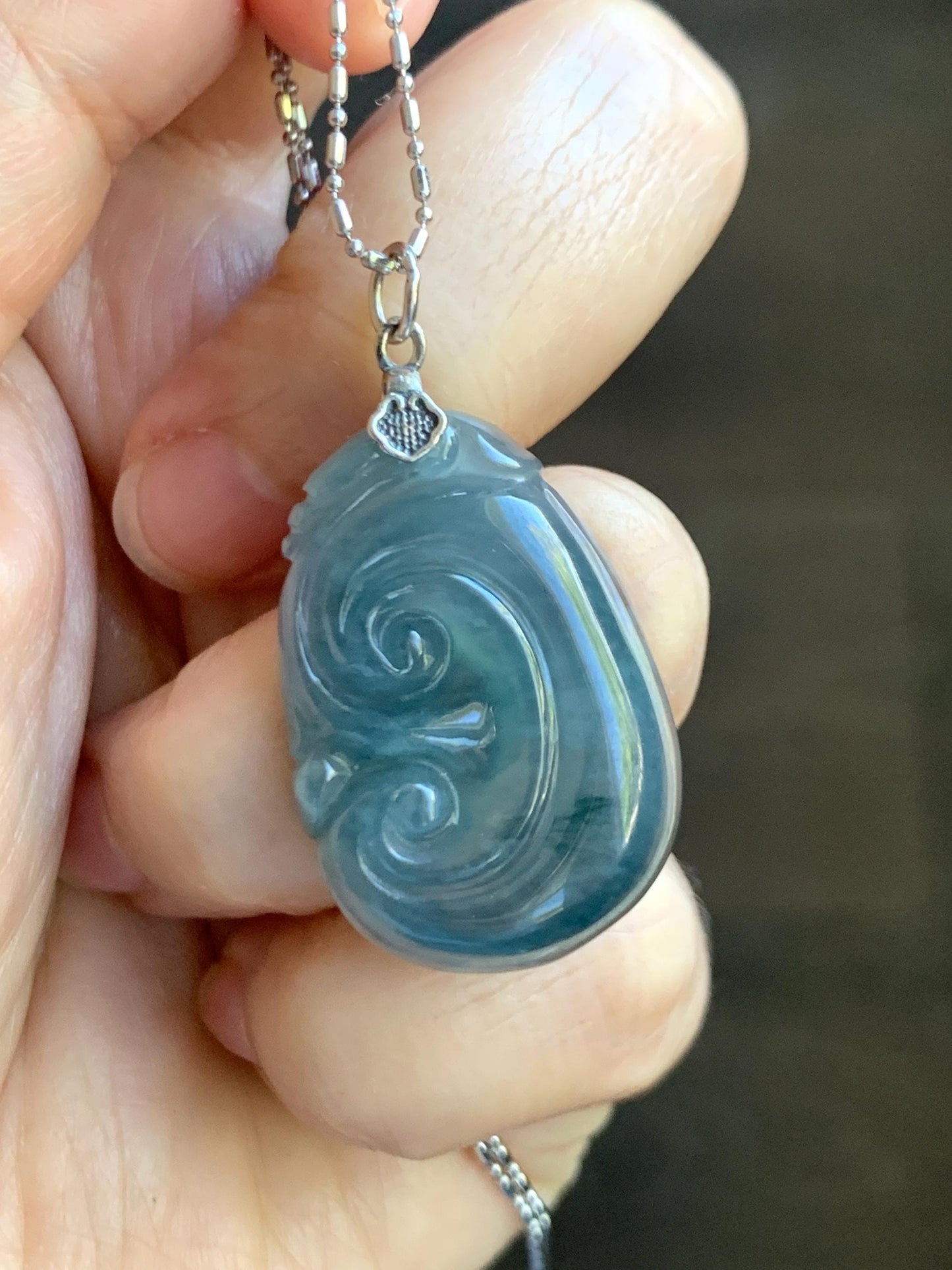 Natural Grade A Guatemalan Icy Highly Translucent Gelatinous Aegean Blue Jade Jadeite Ruyi Pendant Sterling Silver 天然冰胶危蓝紫翡翠如意吊坠 NJL330A