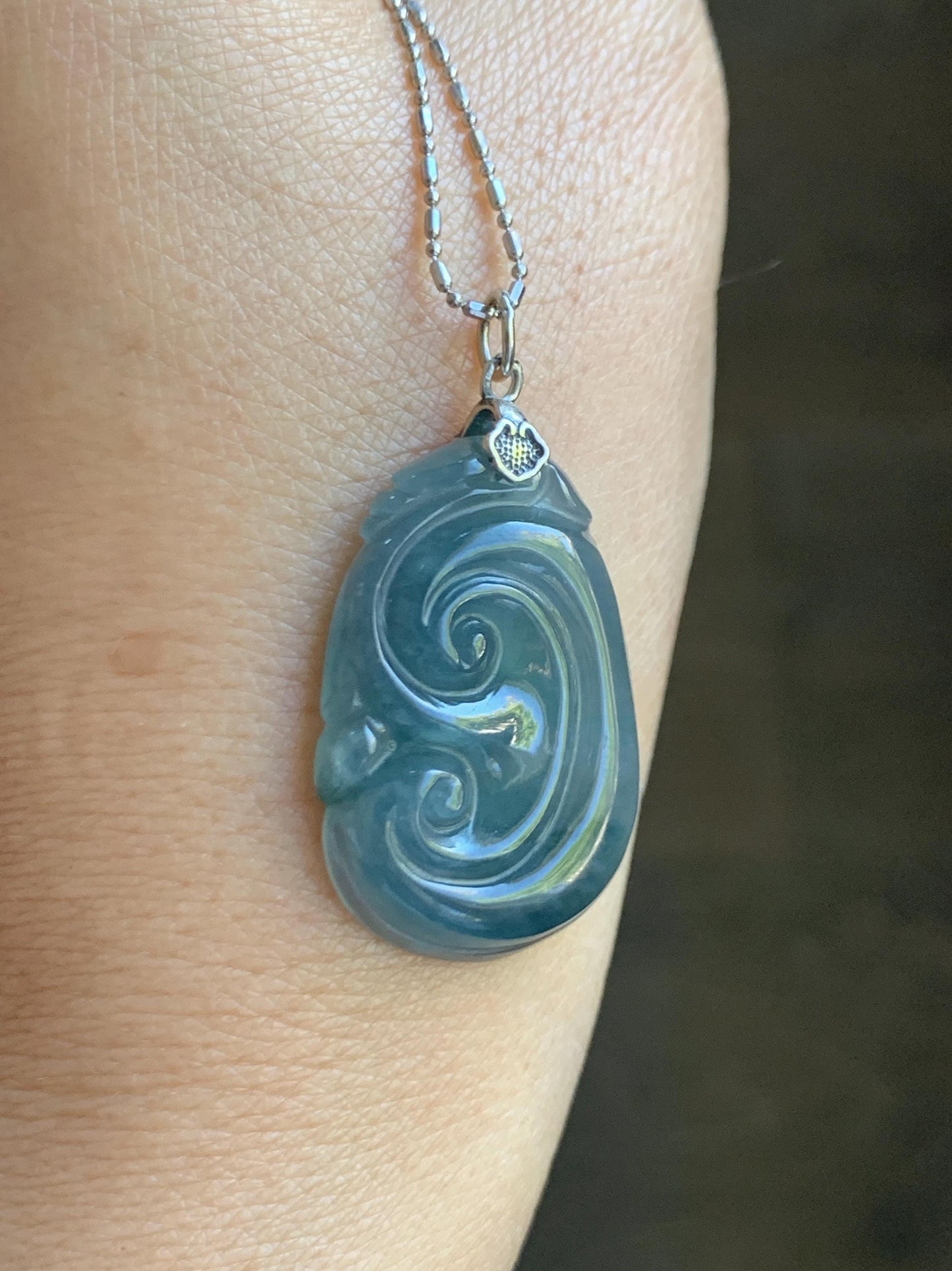 Natural Grade A Guatemalan Icy Highly Translucent Gelatinous Aegean Blue Jade Jadeite Ruyi Pendant Sterling Silver 天然冰胶危蓝紫翡翠如意吊坠 NJL330A