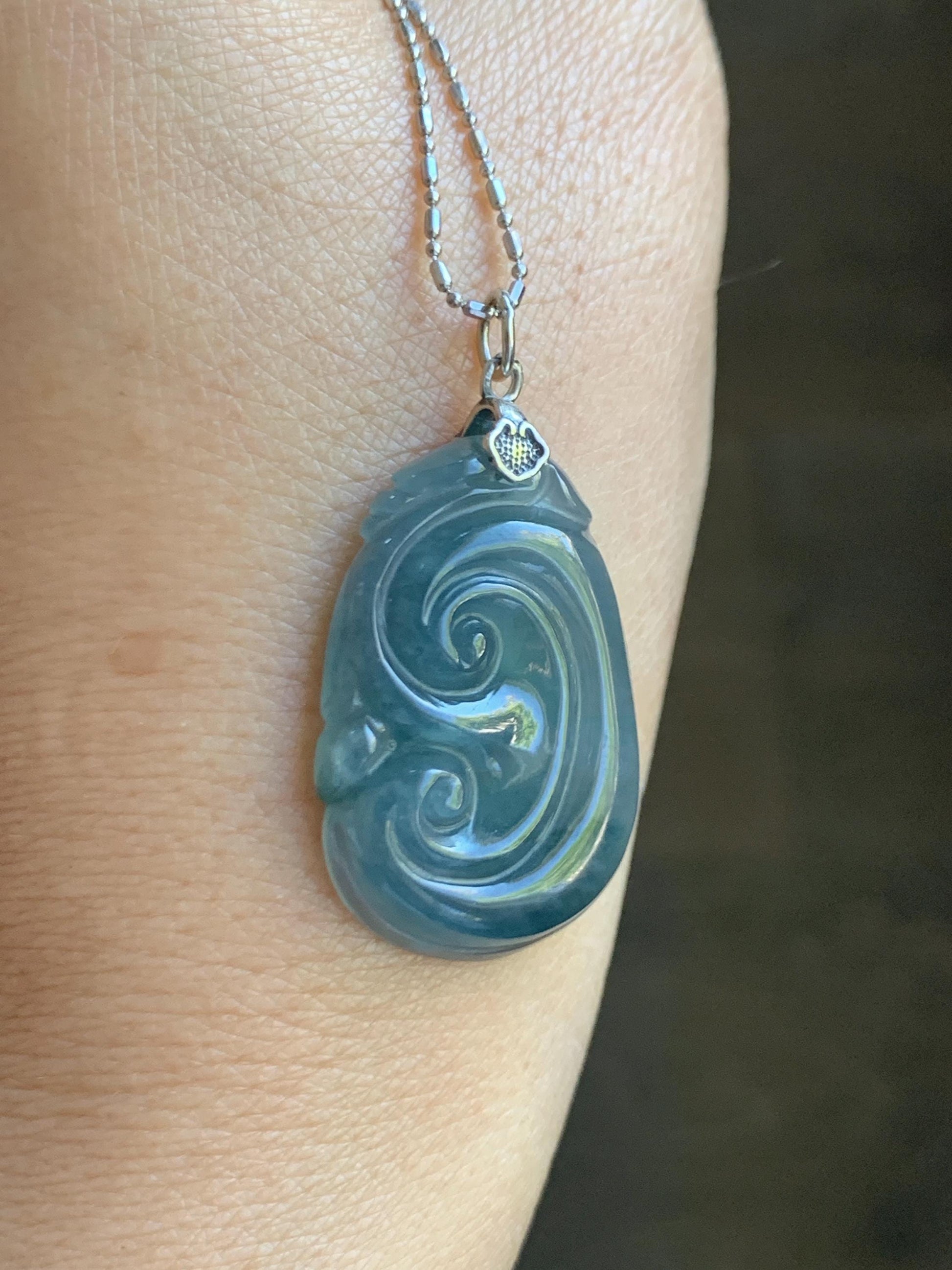 Natural Grade A Guatemalan Icy Highly Translucent Gelatinous Aegean Blue Jade Jadeite Ruyi Pendant Sterling Silver 天然冰胶危蓝紫翡翠如意吊坠 NJL330A