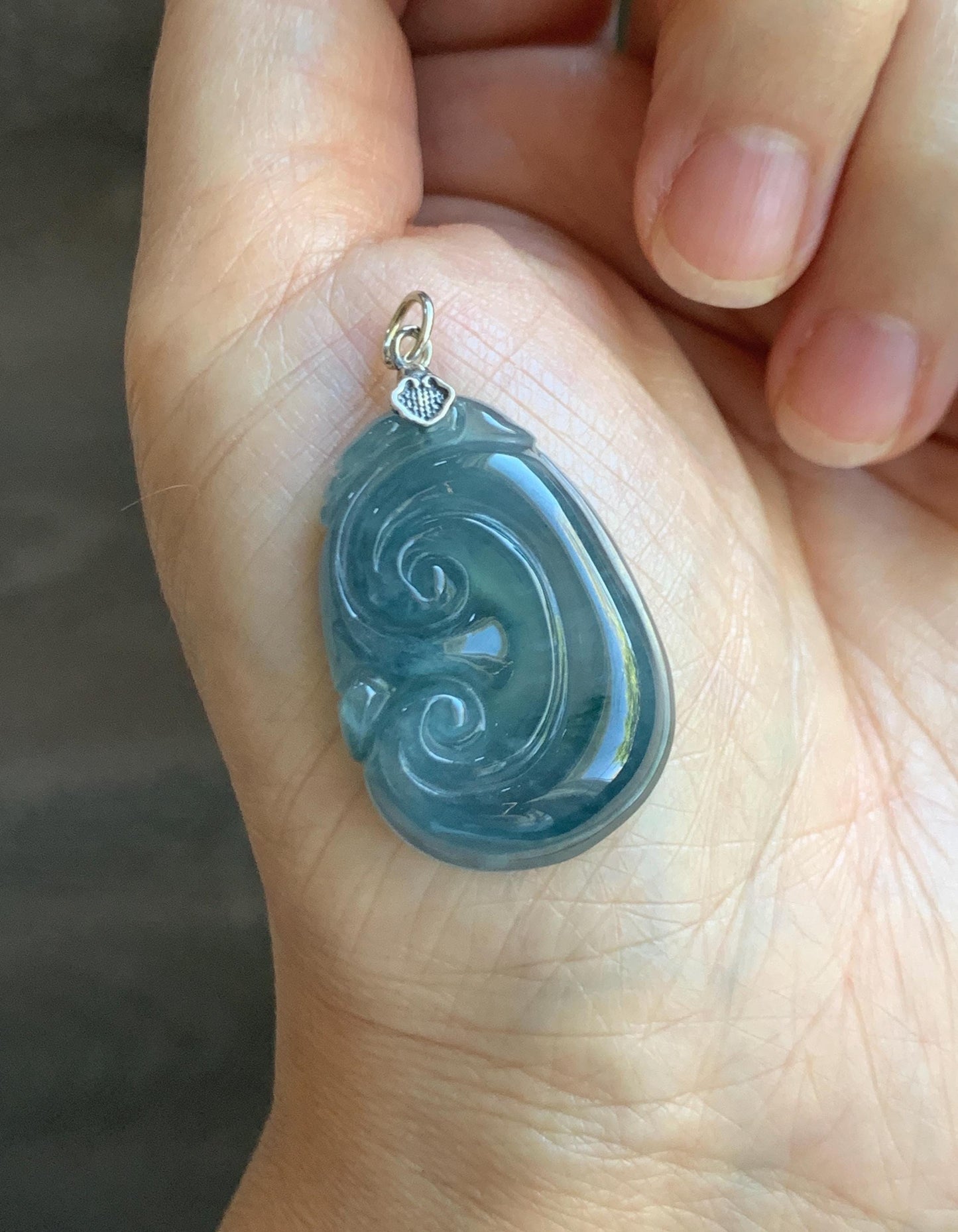 Natural Grade A Guatemalan Icy Highly Translucent Gelatinous Aegean Blue Jade Jadeite Ruyi Pendant Sterling Silver 天然冰胶危蓝紫翡翠如意吊坠 NJL330A