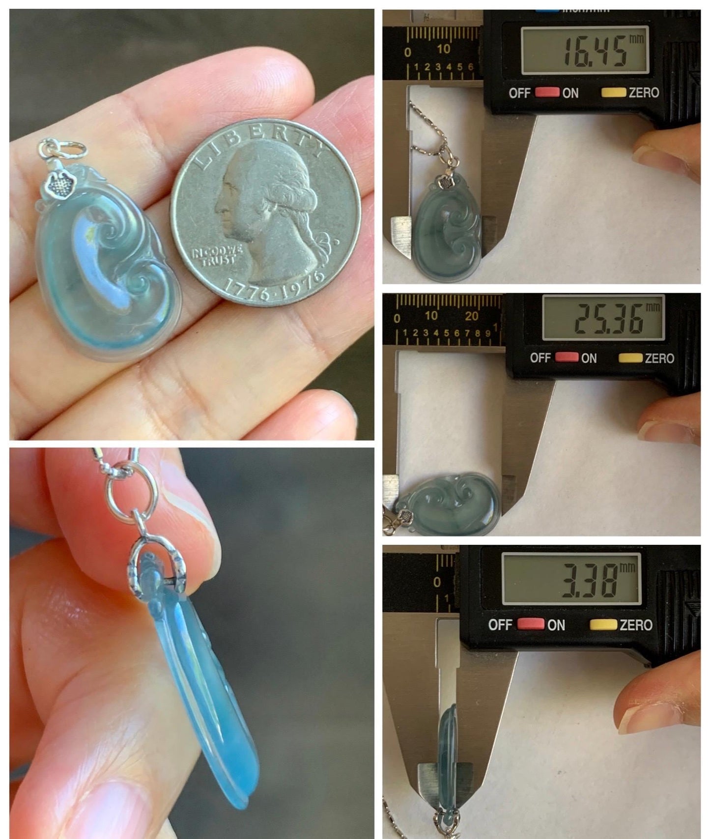Natural Grade A Guatemalan Icy Highly Translucent Gelatinous Pastel Blue Jade Jadeite Ruyi Pendant Sterling Silver 天然冰胶老种危蓝翡翠如意吊坠 WLR280B