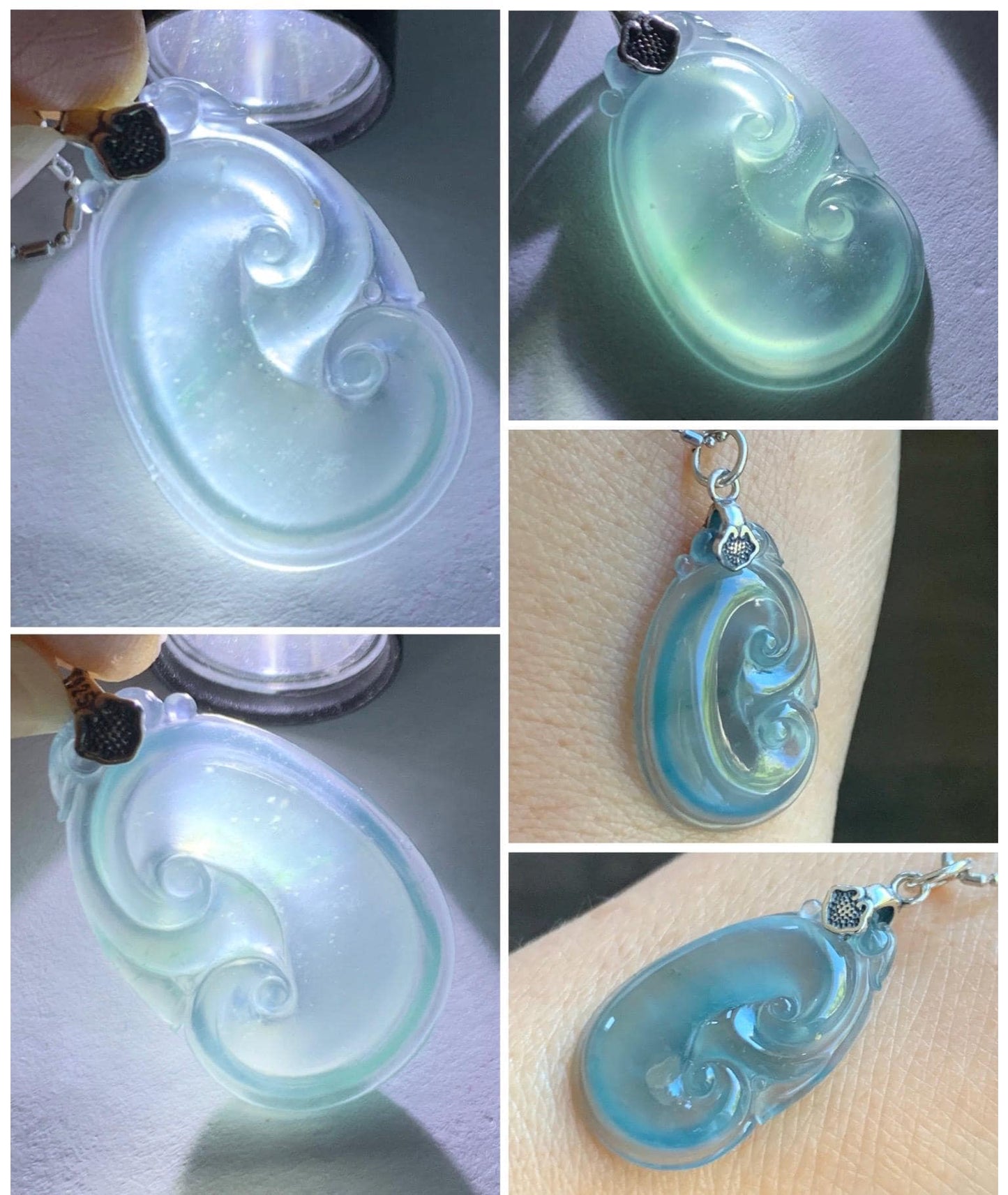 Natural Grade A Guatemalan Icy Highly Translucent Gelatinous Pastel Blue Jade Jadeite Ruyi Pendant Sterling Silver 天然冰胶老种危蓝翡翠如意吊坠 WLR280B