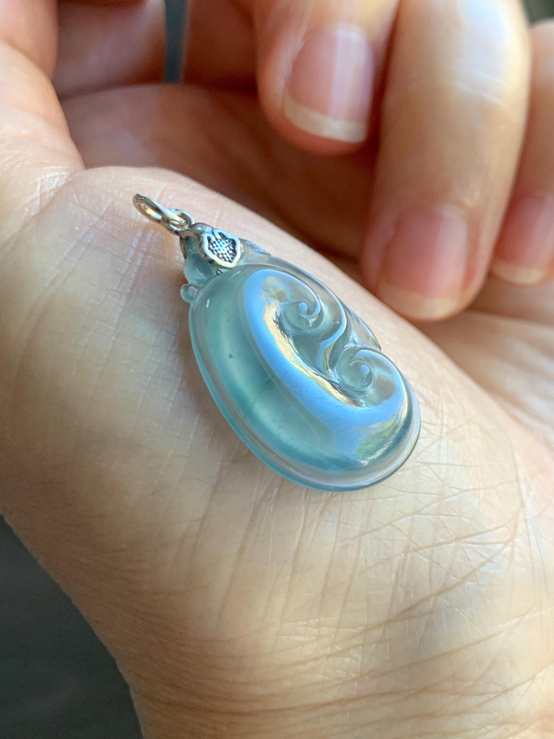 Natural Grade A Guatemalan Icy Highly Translucent Gelatinous Pastel Blue Jade Jadeite Ruyi Pendant Sterling Silver 天然冰胶老种危蓝翡翠如意吊坠 WLR280B