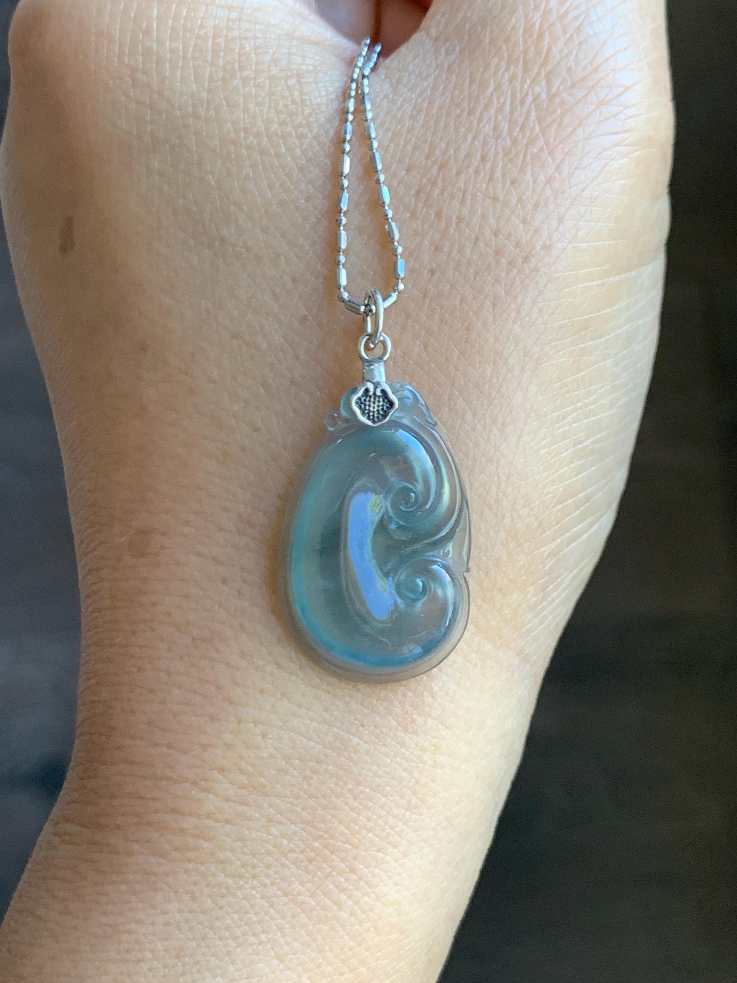 Natural Grade A Guatemalan Icy Highly Translucent Gelatinous Pastel Blue Jade Jadeite Ruyi Pendant Sterling Silver 天然冰胶老种危蓝翡翠如意吊坠 WLR280B
