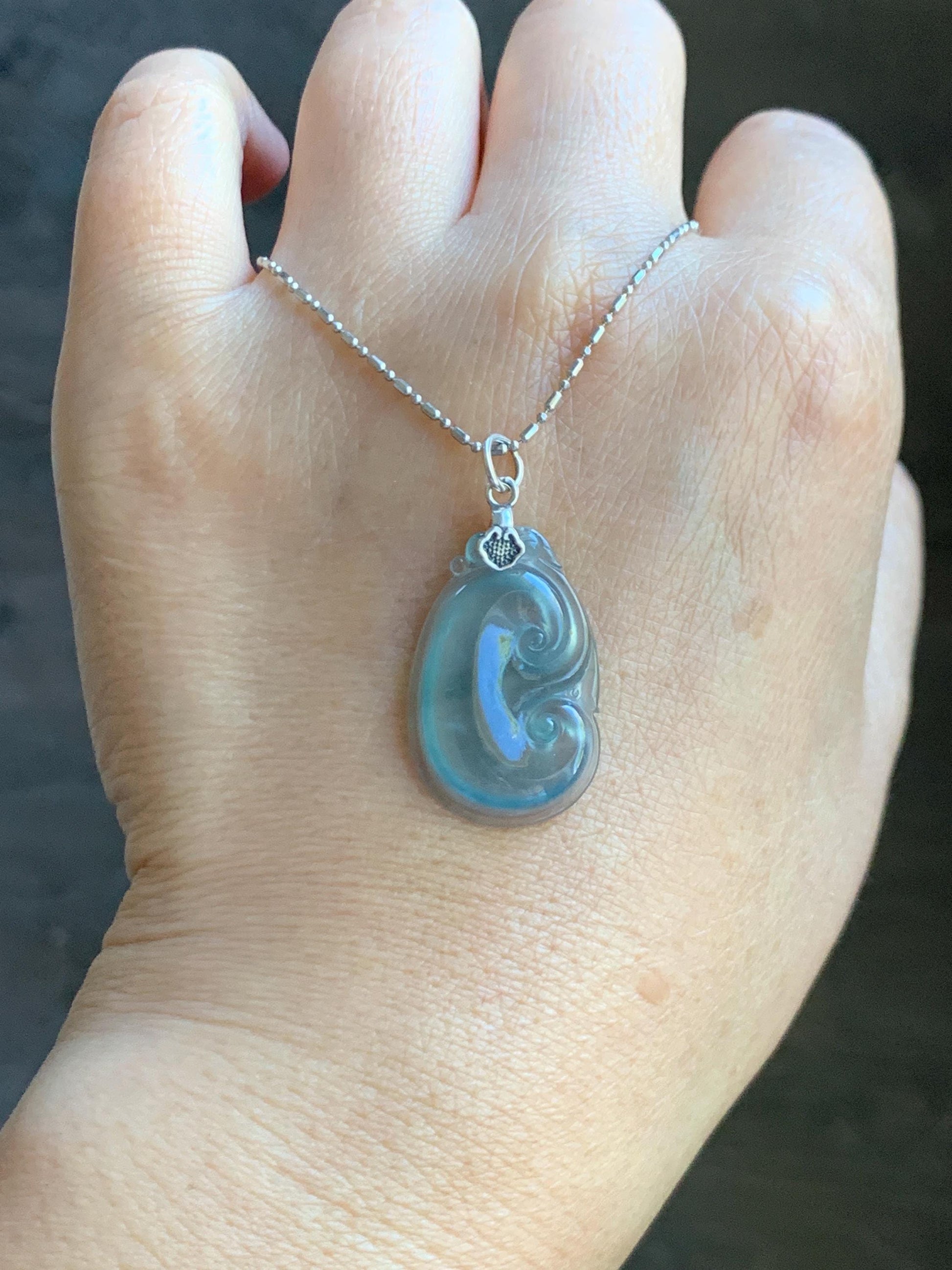 Natural Grade A Guatemalan Icy Highly Translucent Gelatinous Pastel Blue Jade Jadeite Ruyi Pendant Sterling Silver 天然冰胶老种危蓝翡翠如意吊坠 WLR280B