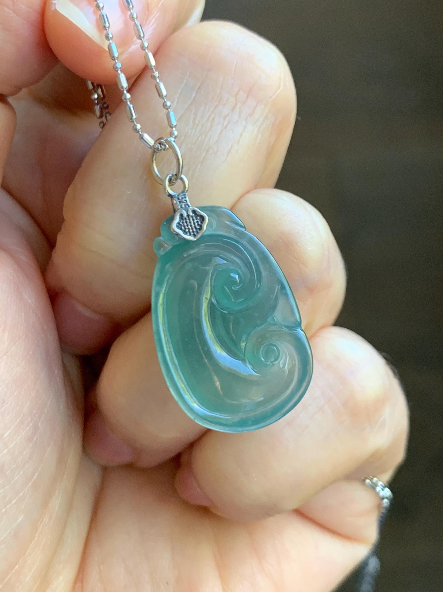 Natural Grade A Guatemalan Icy Highly Translucent Gelatinous Teal Jade Jadeite Ruyi Pendant Sterling Silver 天然冰胶老种危蓝绿翡翠如意吊坠 WLR280A