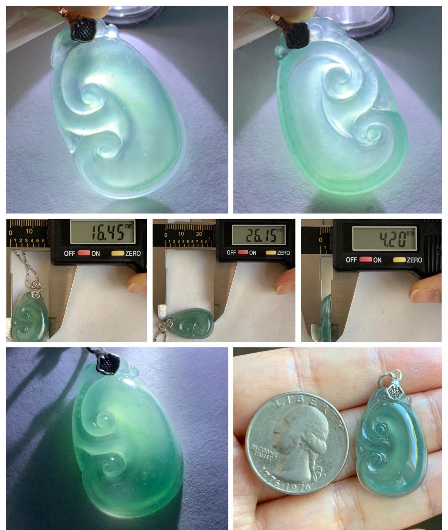 Natural Grade A Guatemalan Icy Highly Translucent Gelatinous Teal Jade Jadeite Ruyi Pendant Sterling Silver 天然冰胶老种危蓝绿翡翠如意吊坠 WLR280A