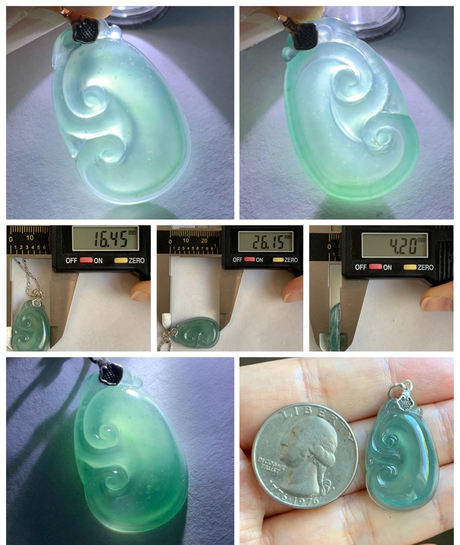 Natural Grade A Guatemalan Icy Highly Translucent Gelatinous Teal Jade Jadeite Ruyi Pendant Sterling Silver 天然冰胶老种危蓝绿翡翠如意吊坠 WLR280A