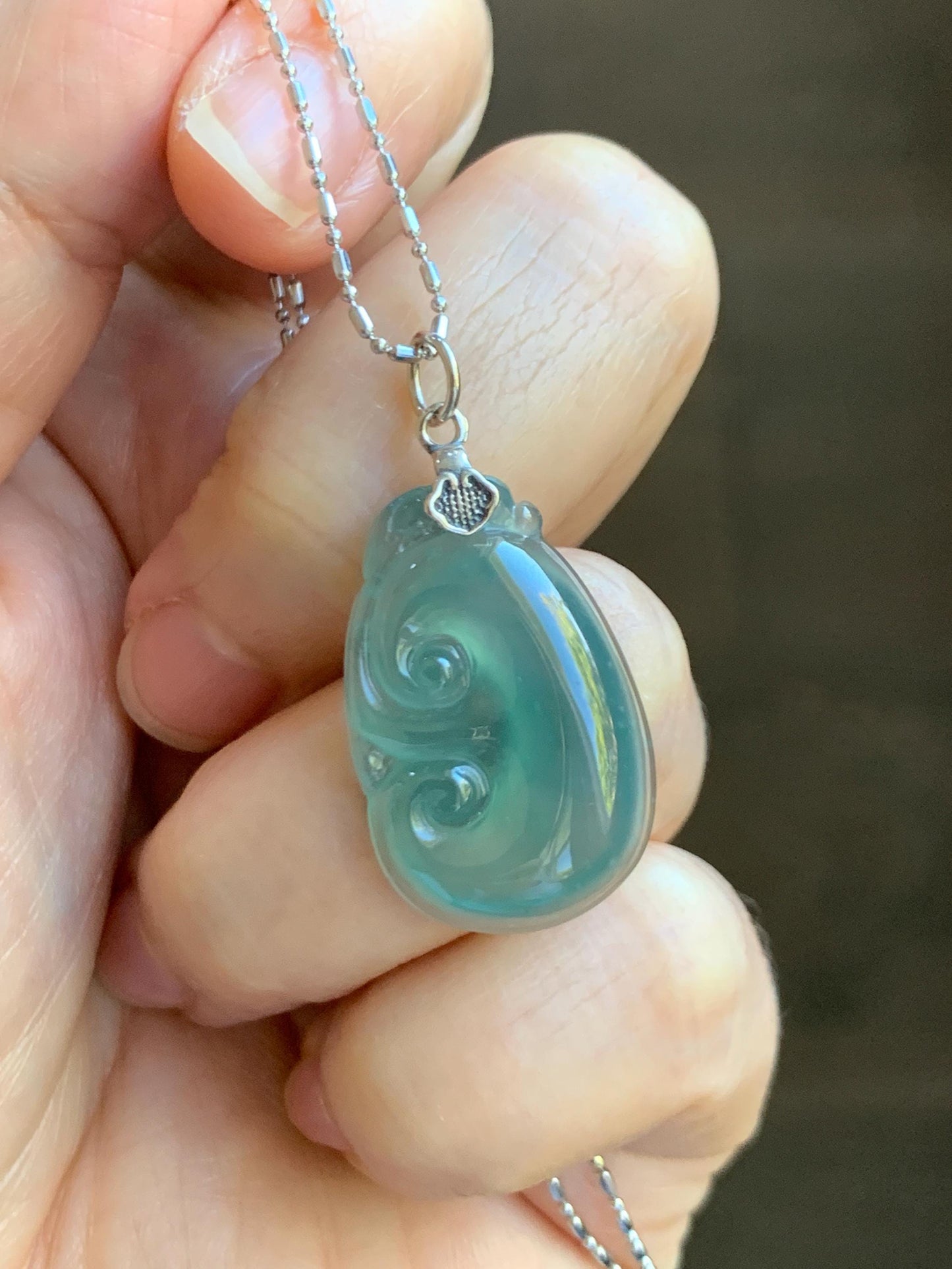 Natural Grade A Guatemalan Icy Highly Translucent Gelatinous Teal Jade Jadeite Ruyi Pendant Sterling Silver 天然冰胶老种危蓝绿翡翠如意吊坠 WLR280A