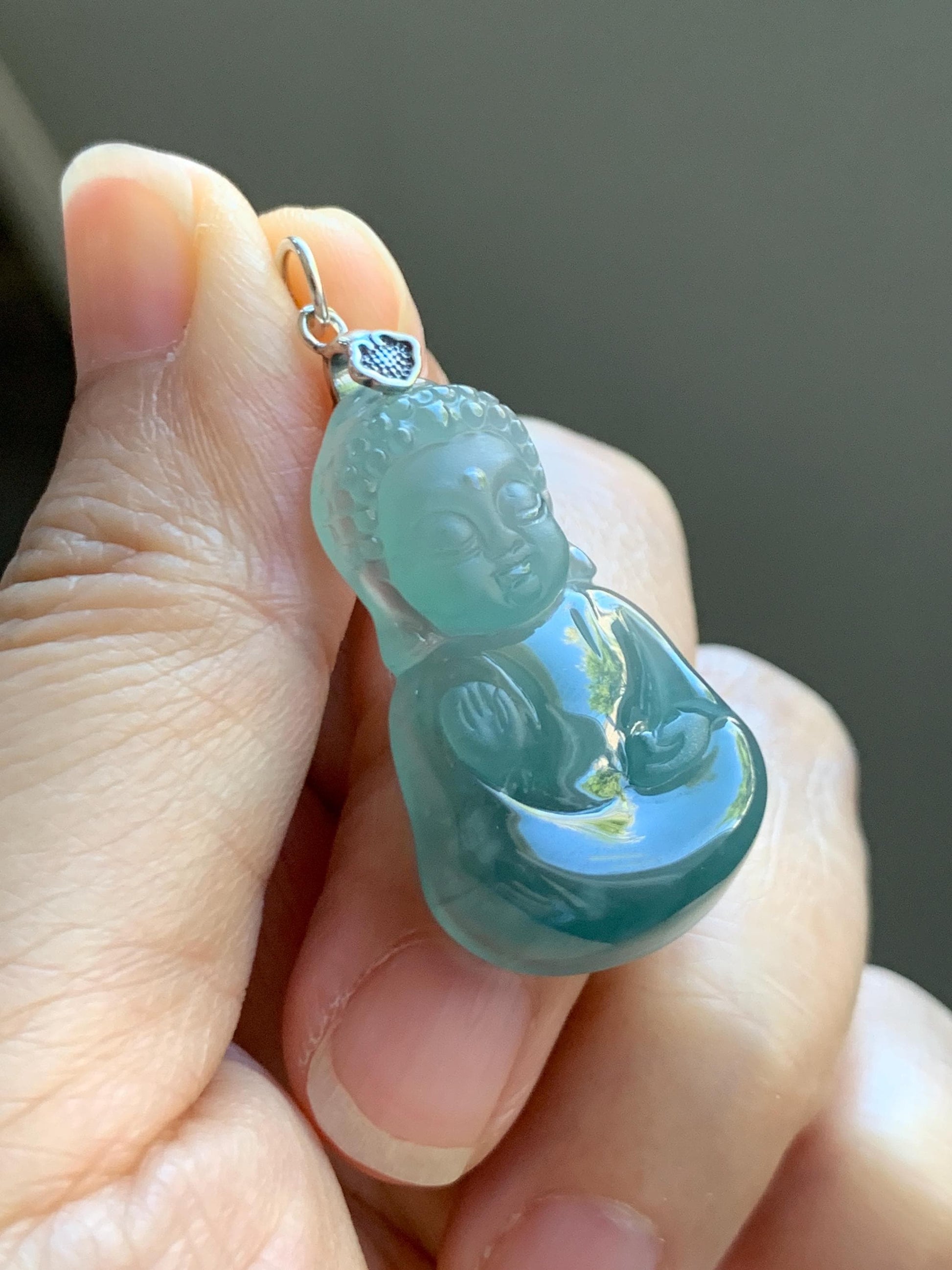 Natural Grade A Guatemalan Icy Highly Translucent Teal Blue Jade Jadeite Carved Baby Buddha Pendant Sterling Silver 5g 天然冰危蓝绿翡翠宝宝佛吊坠 BBF165B