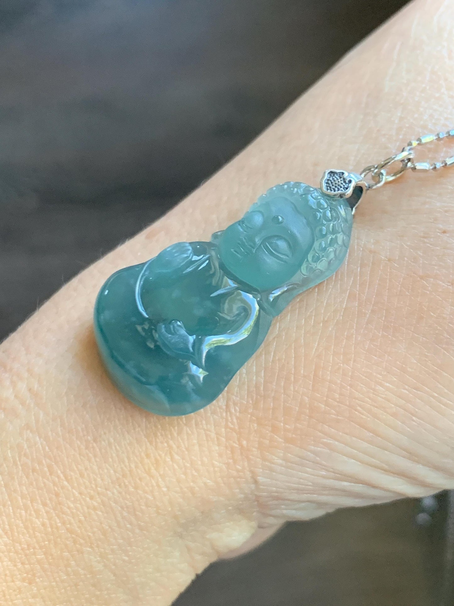 Natural Grade A Guatemalan Icy Highly Translucent Teal Blue Jade Jadeite Carved Baby Buddha Pendant Sterling Silver 5g 天然冰危蓝绿翡翠宝宝佛吊坠 BBF165B