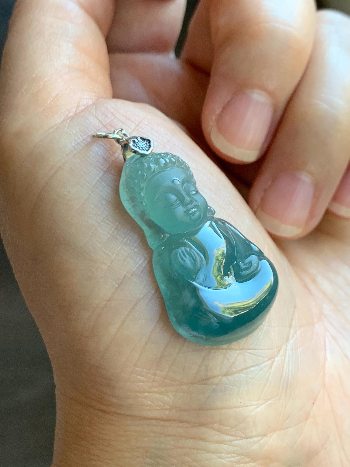Natural Grade A Guatemalan Icy Highly Translucent Teal Blue Jade Jadeite Carved Baby Buddha Pendant Sterling Silver 5g 天然冰危蓝绿翡翠宝宝佛吊坠 BBF165B