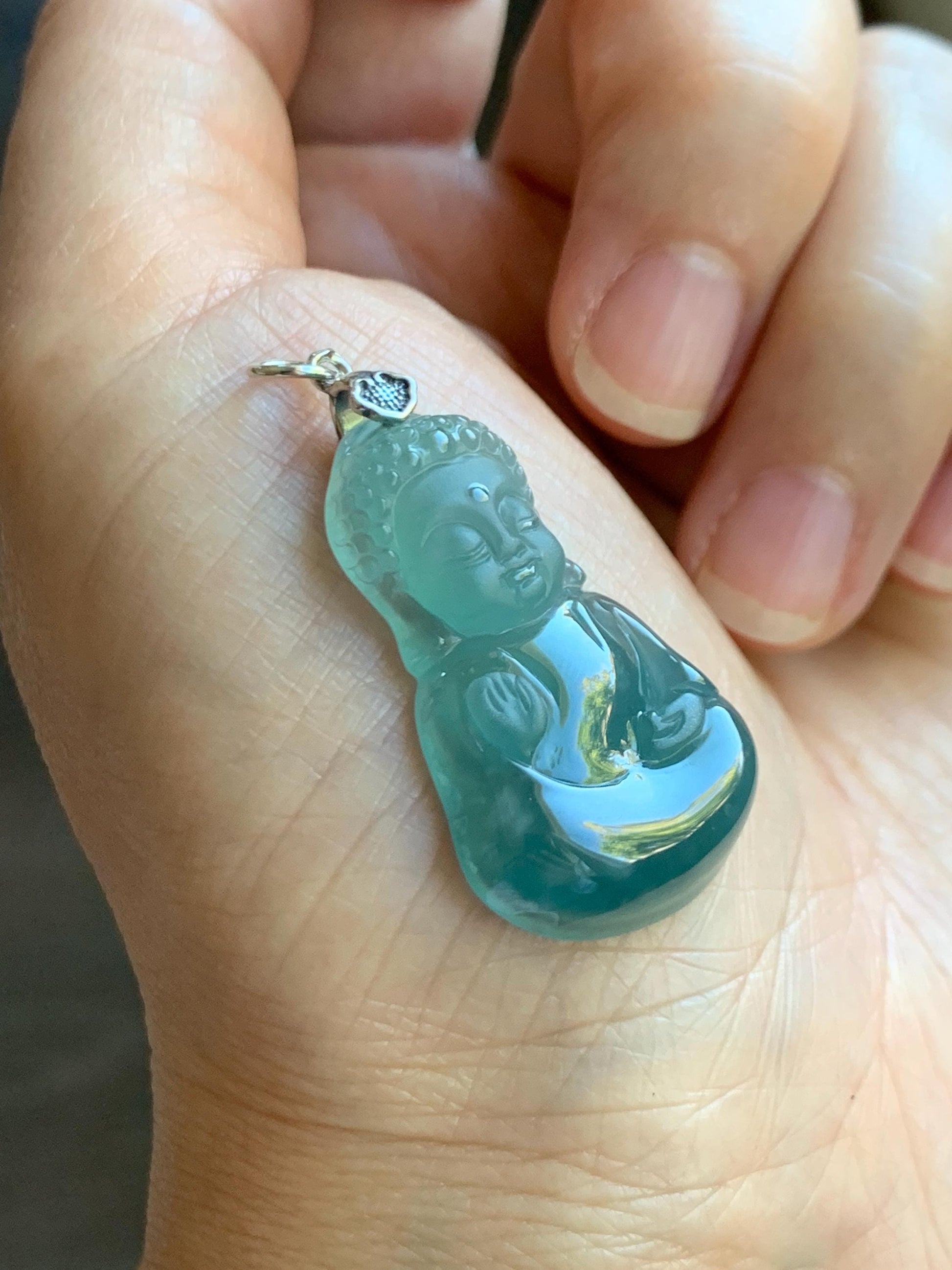 Natural Grade A Guatemalan Icy Highly Translucent Teal Blue Jade Jadeite Carved Baby Buddha Pendant Sterling Silver 5g 天然冰危蓝绿翡翠宝宝佛吊坠 BBF165B