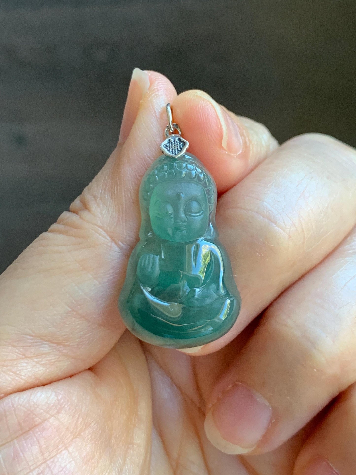 Natural Grade A Guatemalan Icy Highly Translucent Teal Jade Jadeite Carved Baby Buddha Pendant Sterling Silver 5g 天然冰危蓝绿翡翠宝宝佛吊坠 BBF165A