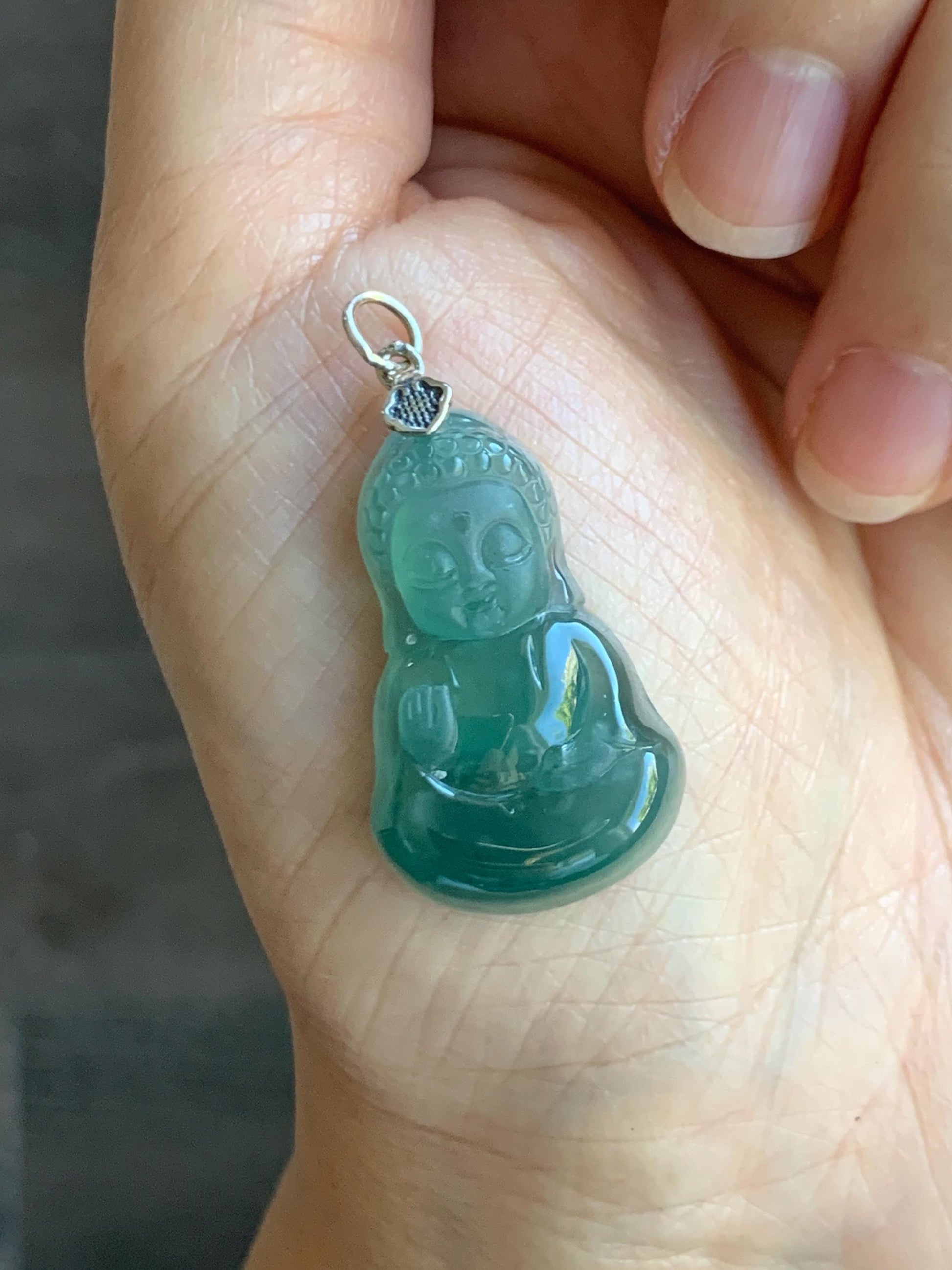 Natural Grade A Guatemalan Icy Highly Translucent Teal Jade Jadeite Carved Baby Buddha Pendant Sterling Silver 5g 天然冰危蓝绿翡翠宝宝佛吊坠 BBF165A