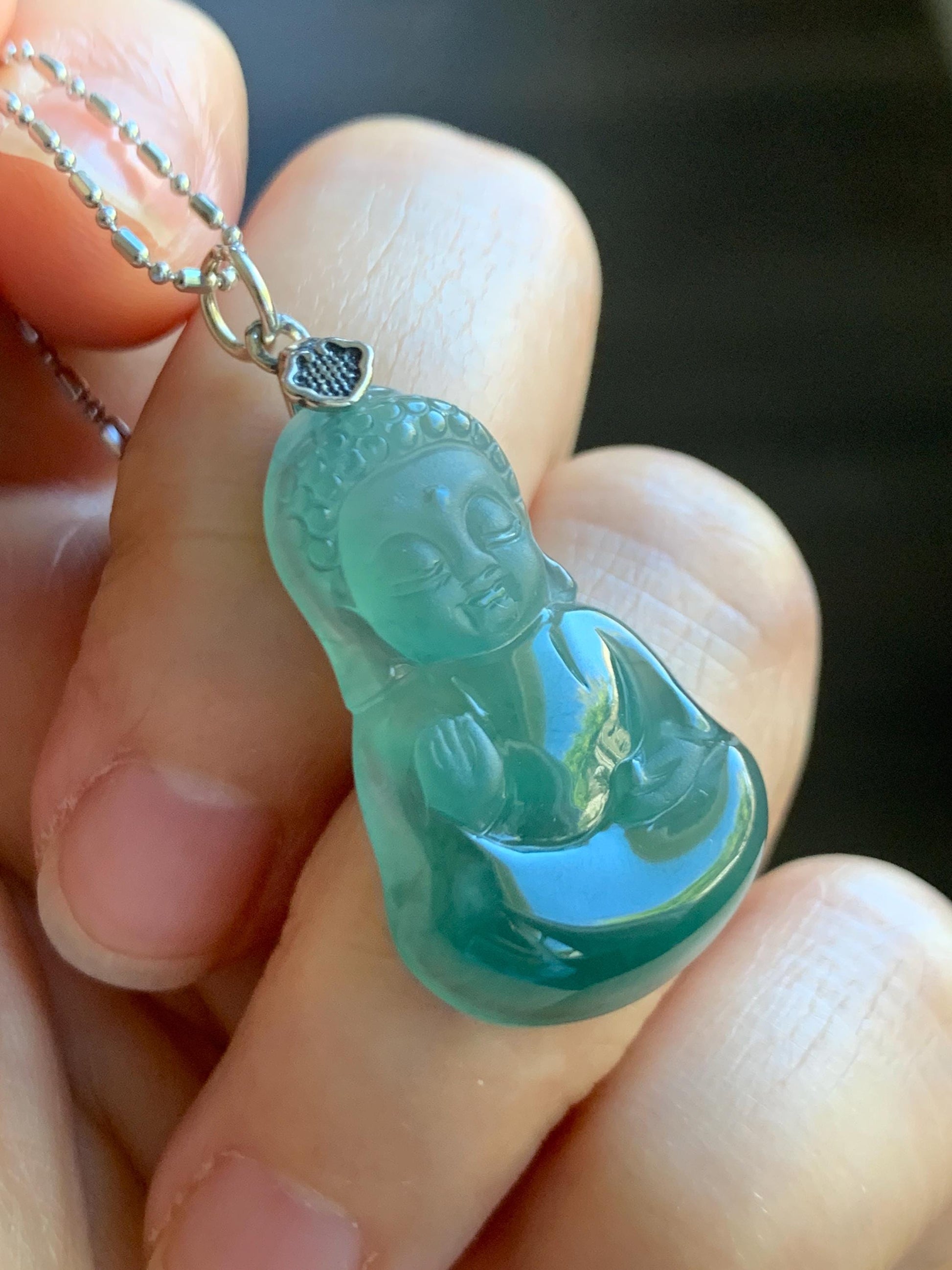 Natural Grade A Guatemalan Icy Highly Translucent Teal Jade Jadeite Carved Baby Buddha Pendant Sterling Silver 5g 天然冰危蓝绿翡翠宝宝佛吊坠 BBF165A