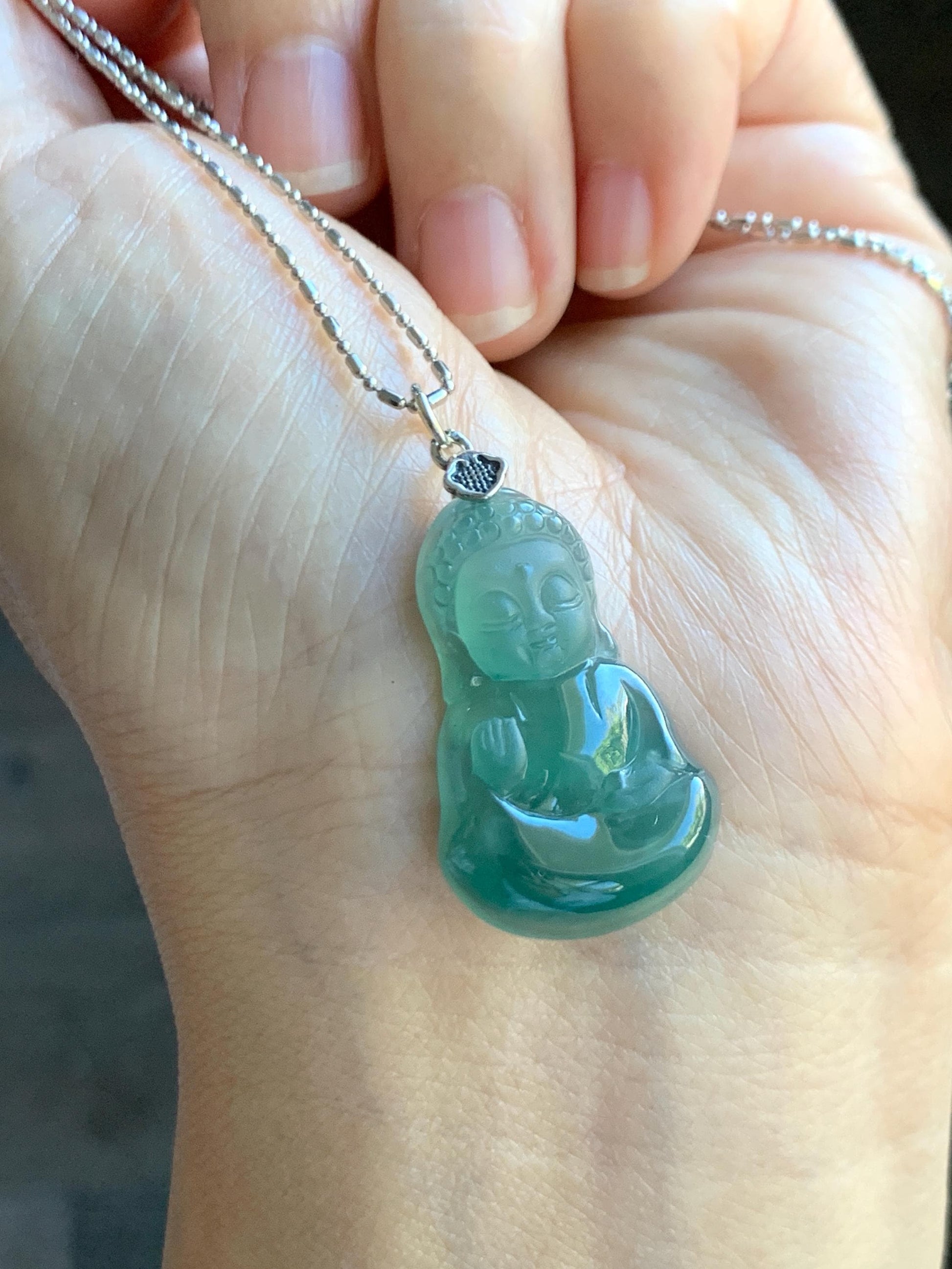 Natural Grade A Guatemalan Icy Highly Translucent Teal Jade Jadeite Carved Baby Buddha Pendant Sterling Silver 5g 天然冰危蓝绿翡翠宝宝佛吊坠 BBF165A